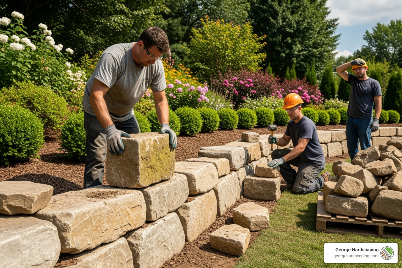 Professional hardscaping team setting large natural stones into place while building a retaining wall.