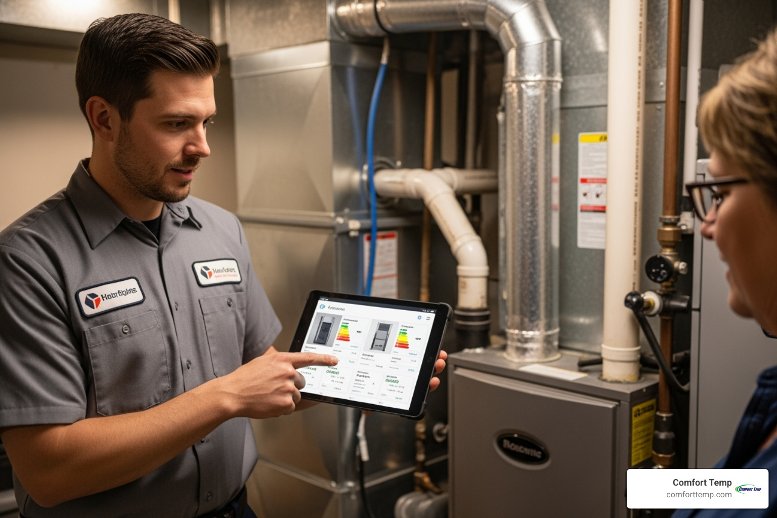 technician showing furnace options on tablet - furnace installation technician showing furnace options on tablet - furnace installation