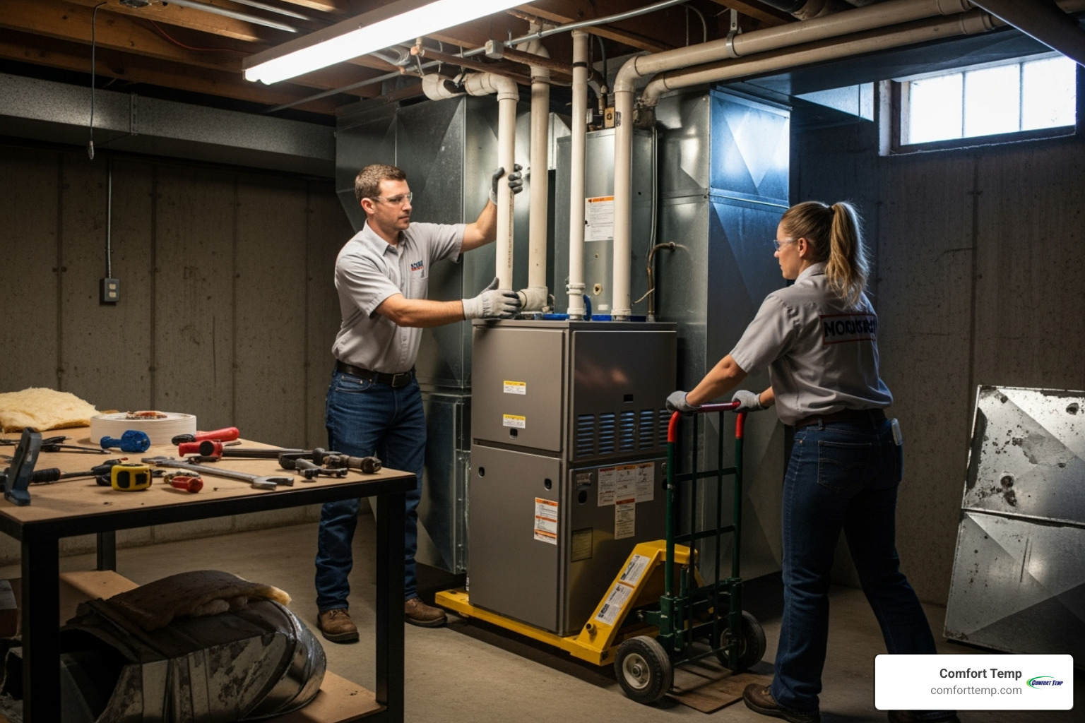 two technicians positioning new furnace - furnace installation two technicians positioning new furnace - furnace installation