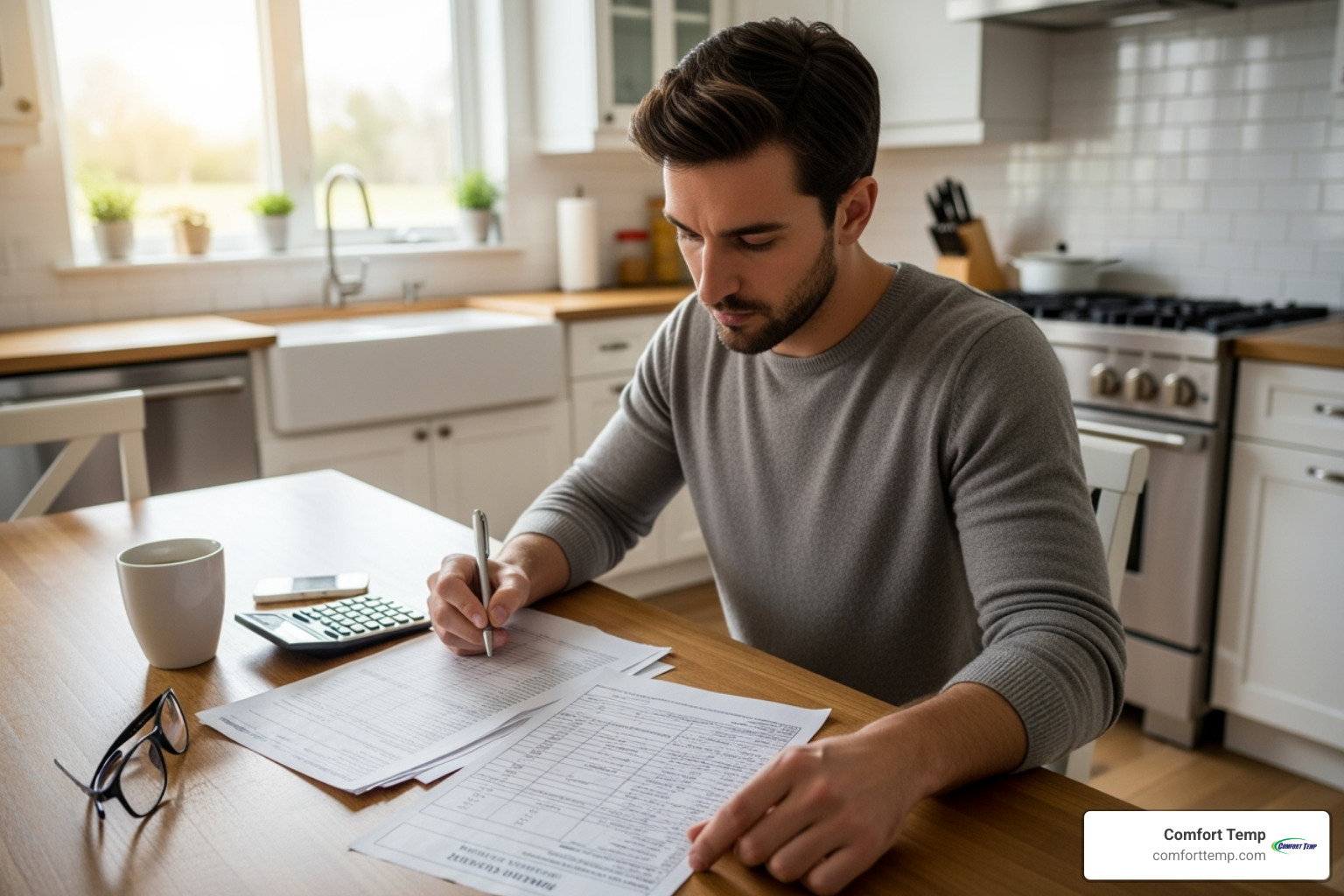 homeowner reviewing itemized quote - furnace installation homeowner reviewing itemized quote - furnace installation