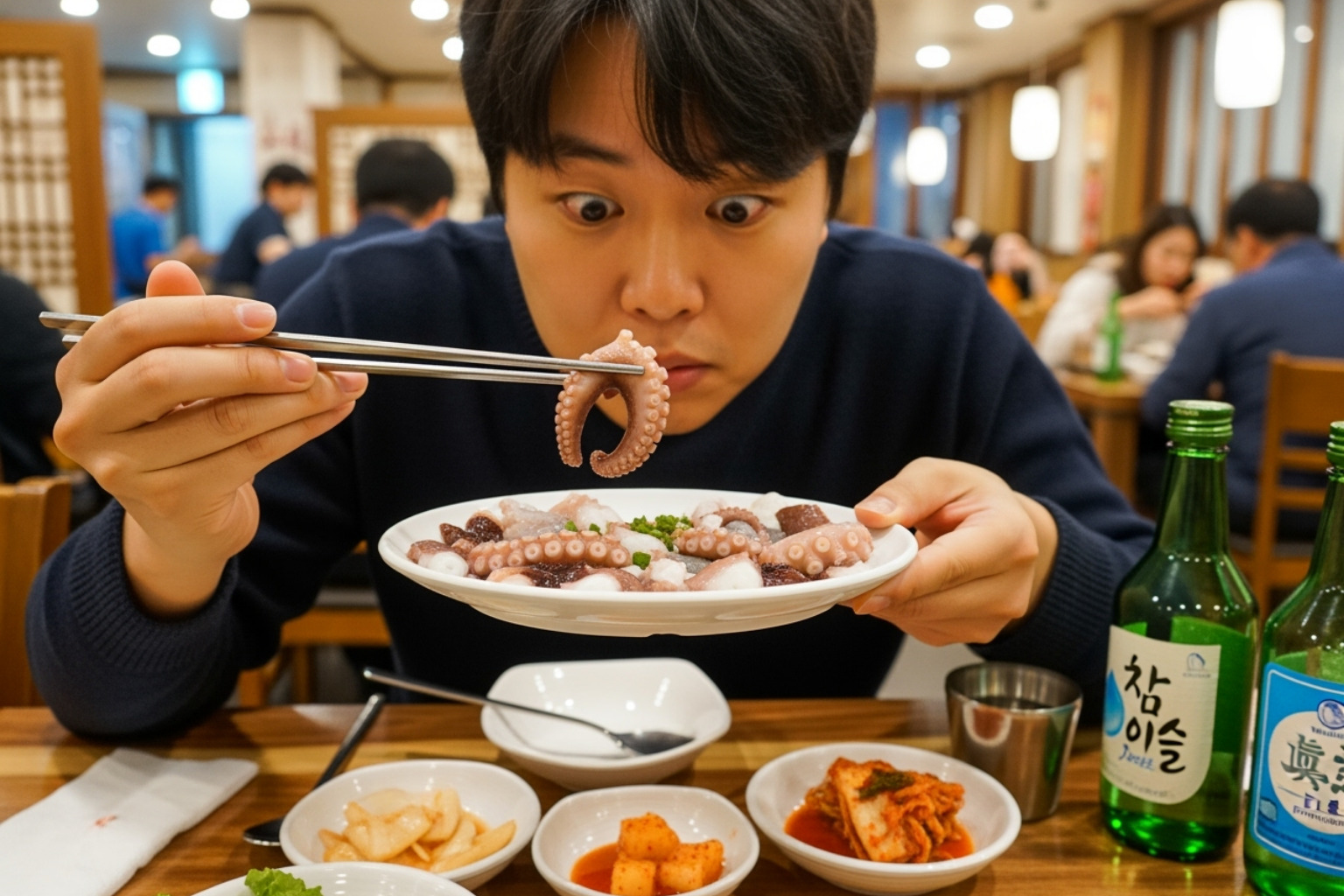 a person trying Sannakji (live octopus) in Korea - Exotic food experiences