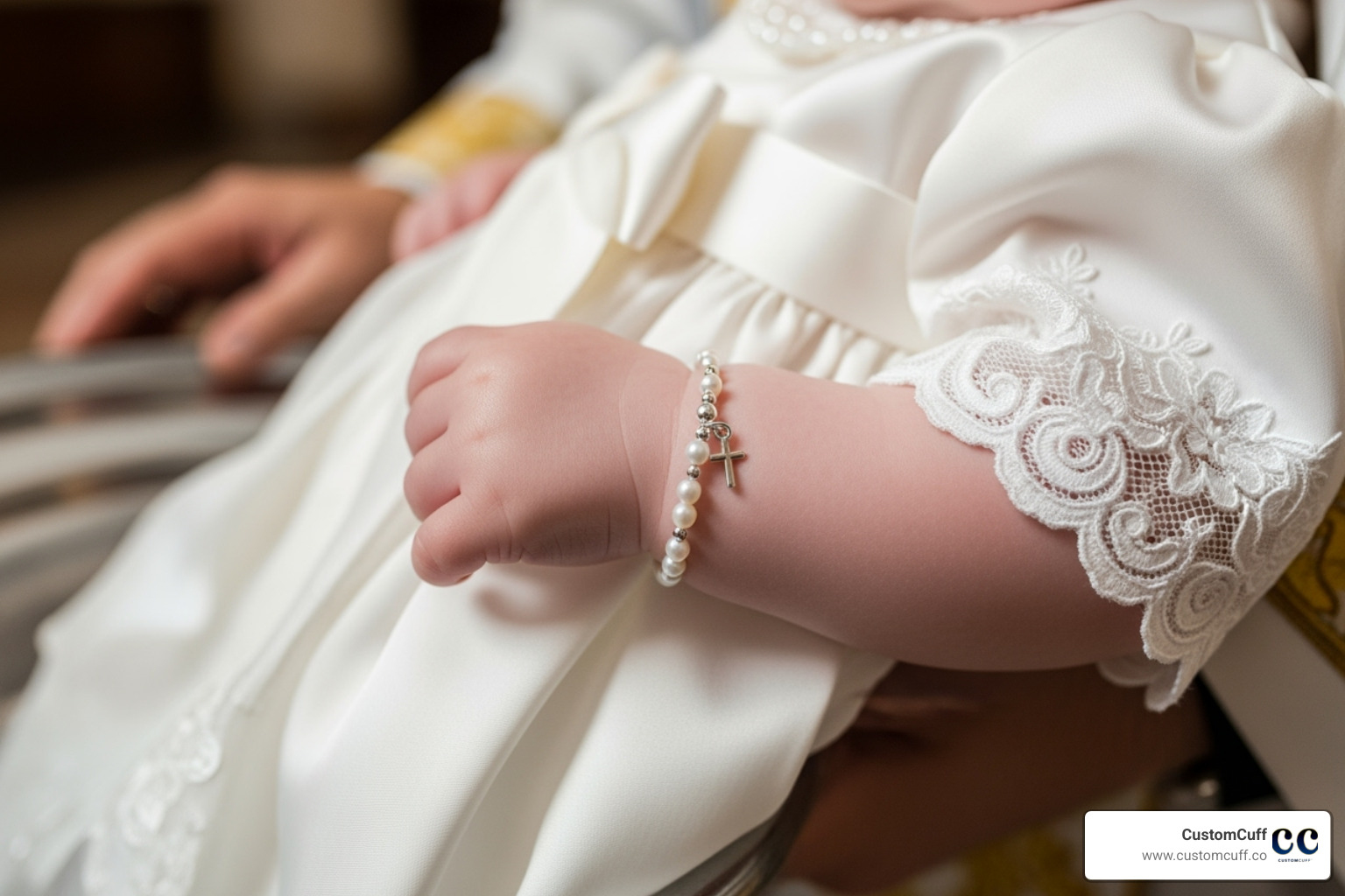 baby at christening wearing a bracelet - engraved baby bracelet