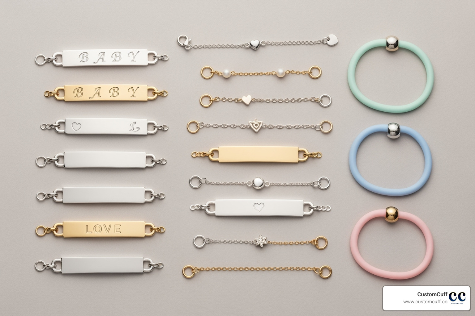 roundup of different bracelet styles - engraved baby bracelet