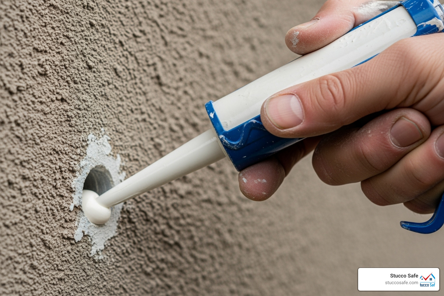 person applying a bead of caulk into a freshly drilled hole in stucco - drill bit stucco