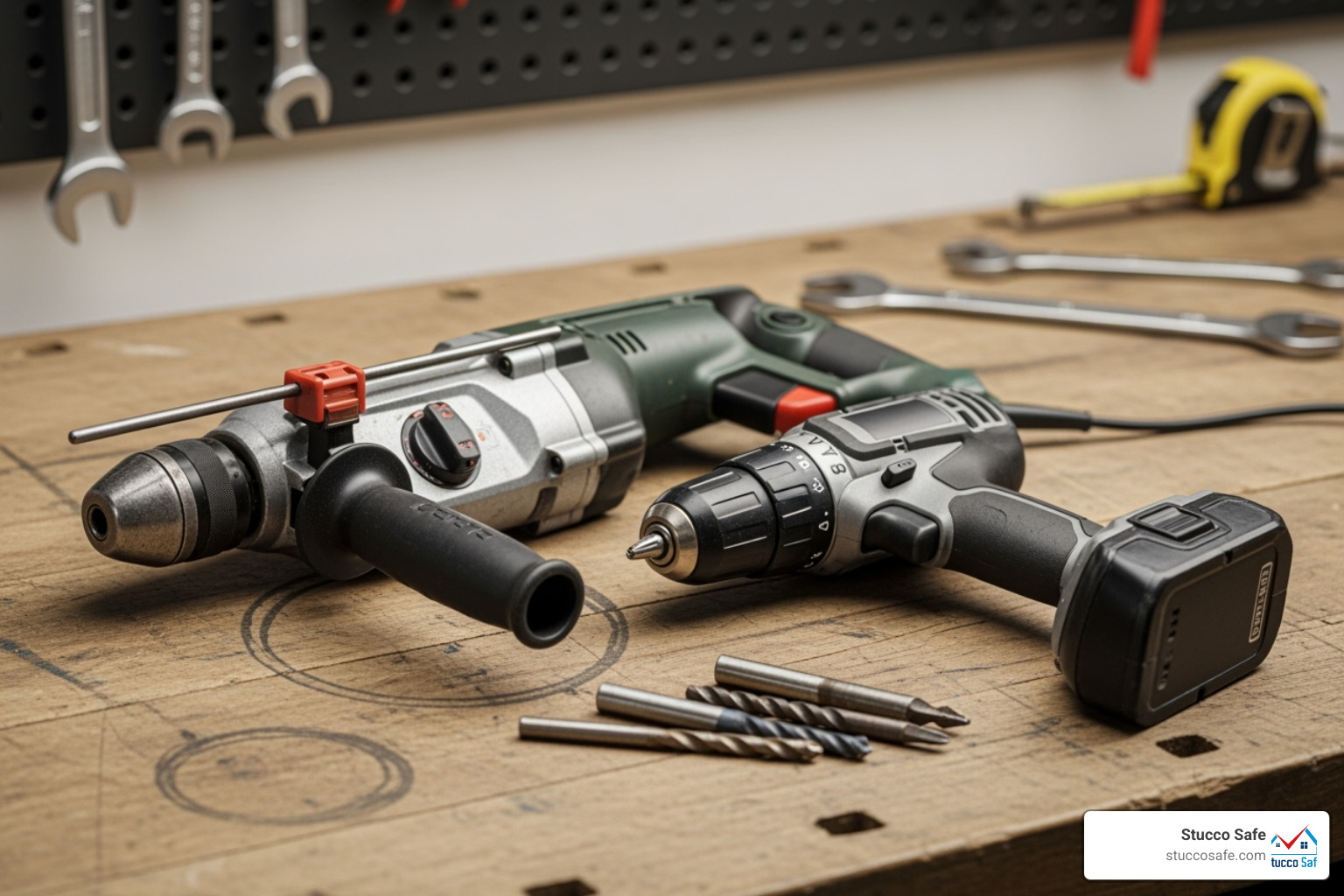 hammer drill next to a standard cordless drill - drill bit stucco