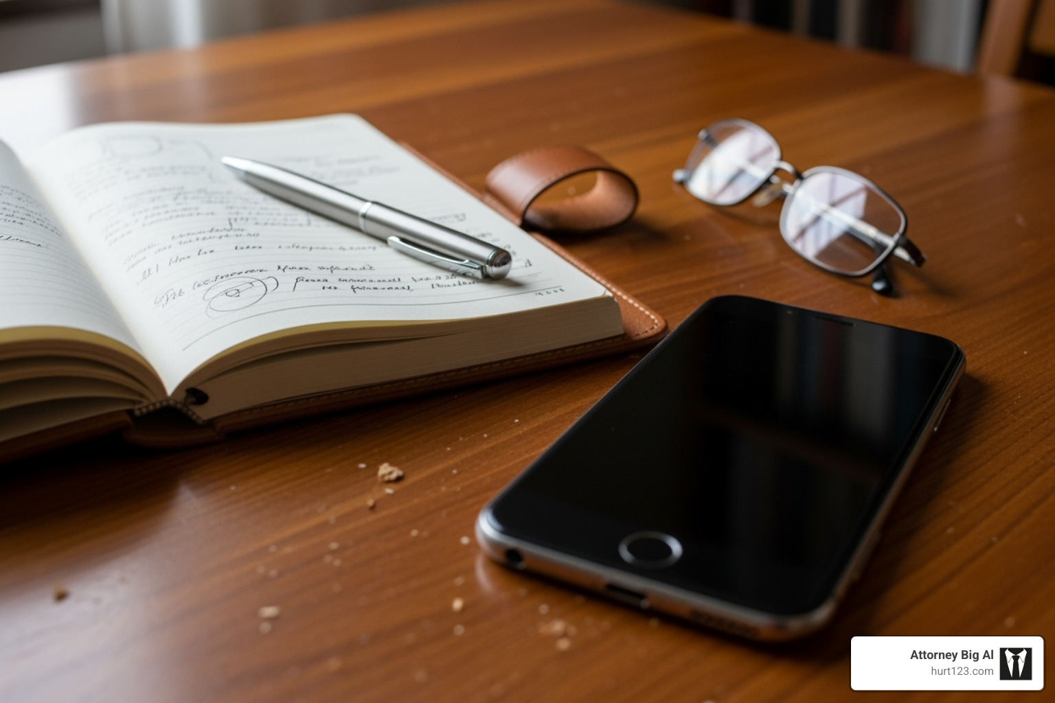 notebook and pen next to a phone - nursing home abuse lawyers