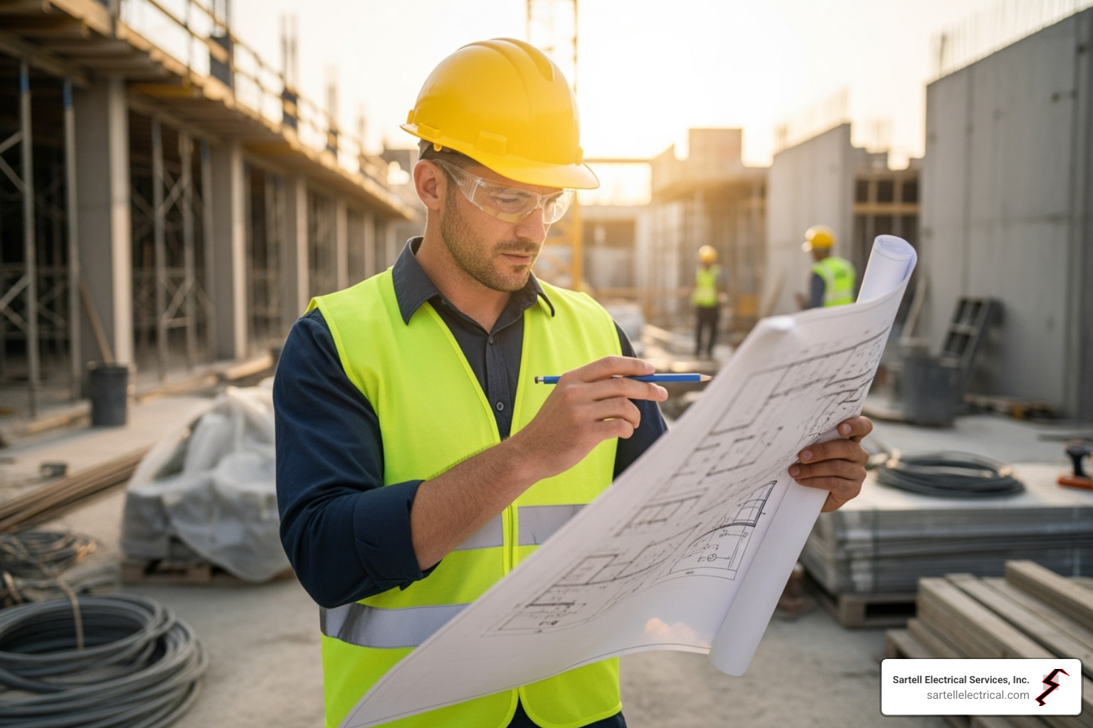 electrician reviewing blueprints on a construction site - electrician electrician reviewing blueprints on a construction site - electrician