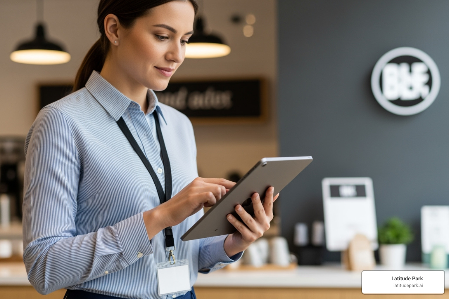 field consultant using a tablet to perform a brand audit at a franchise location - franchise brand consistency