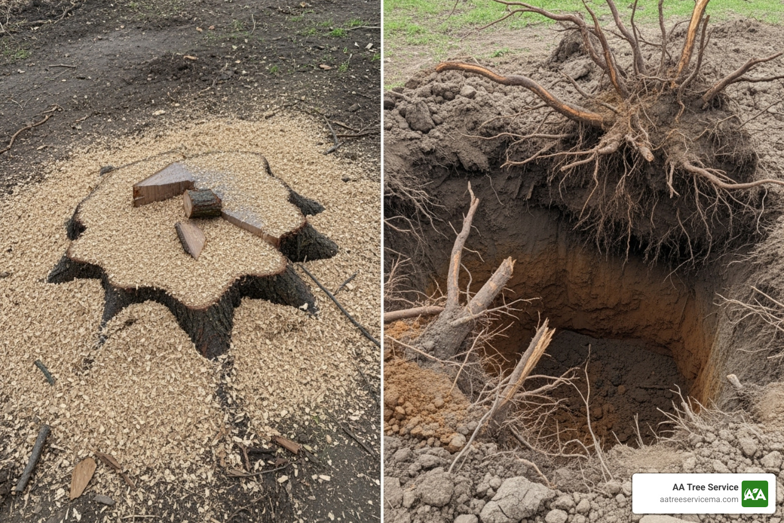 the ground after stump grinding (mulch filled) next to an image of a large hole from stump removal - stump grinding manchester nh