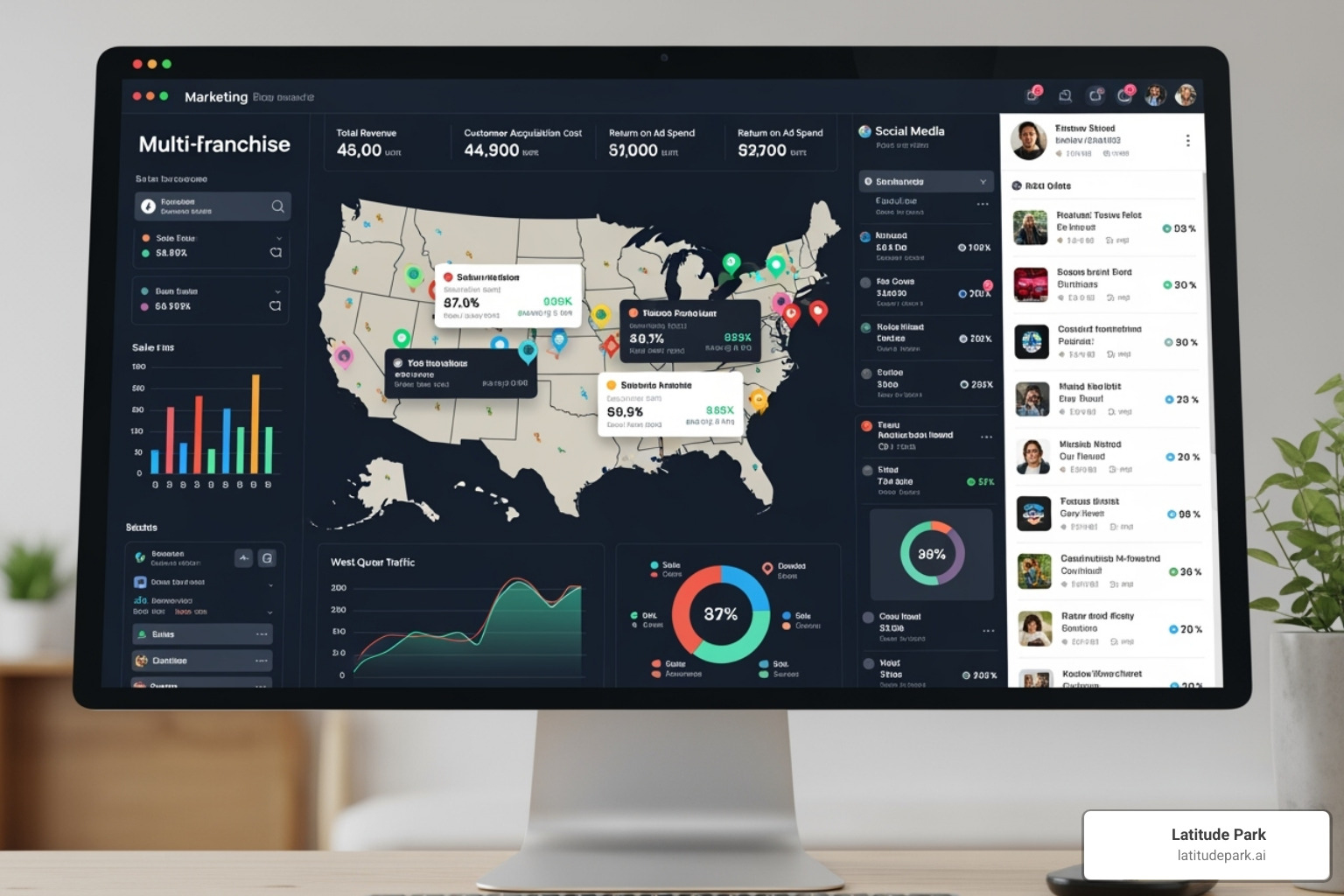 franchise marketing dashboard showing multiple locations' social media posts - franchise brand consistency