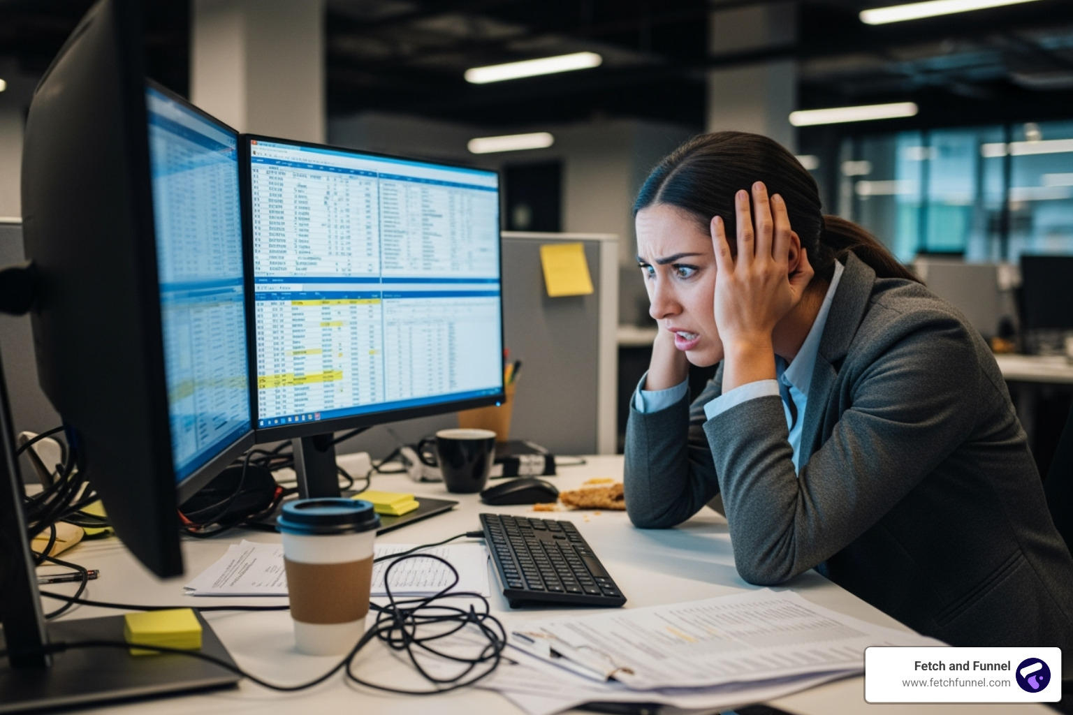 Sales rep frustrated at computer screen - lead nurturing crm Sales rep frustrated at computer screen - lead nurturing crm