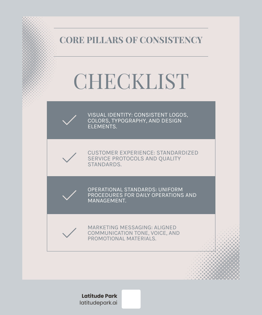 Infographic showing the four core pillars of franchise brand consistency: Visual Identity (logos, colors, design), Customer Experience (service standards, quality), Operations (procedures, training), and Messaging (tone, voice, communications) - franchise brand consistency infographic checklist-light-blue-grey