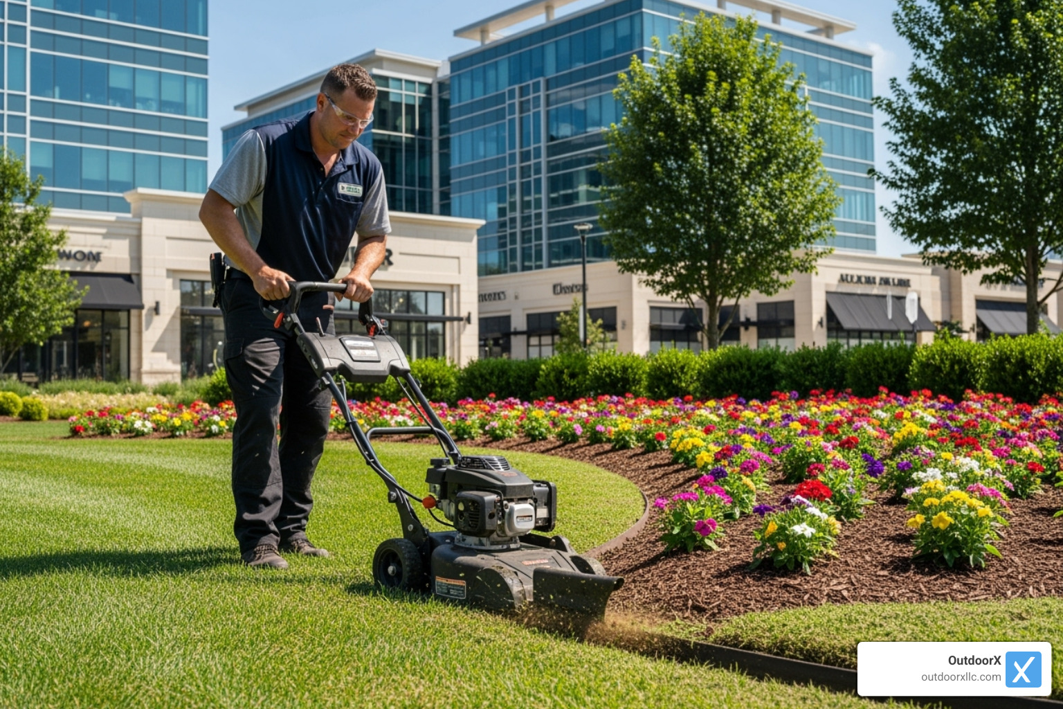 Professional landscaper edging a garden bed on a commercial property - commercial landscape maintenance
