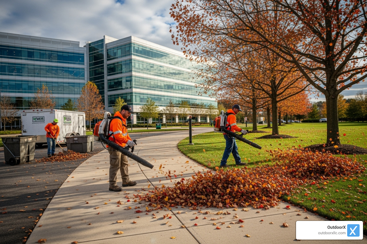 Landscaping crew performing a fall cleanup with leaf blowers - commercial landscape maintenance