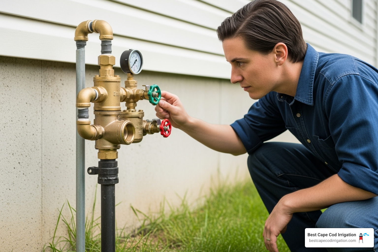A person inspecting a backflow preventer on the side of a house - Lawn Sprinkler System Startup
