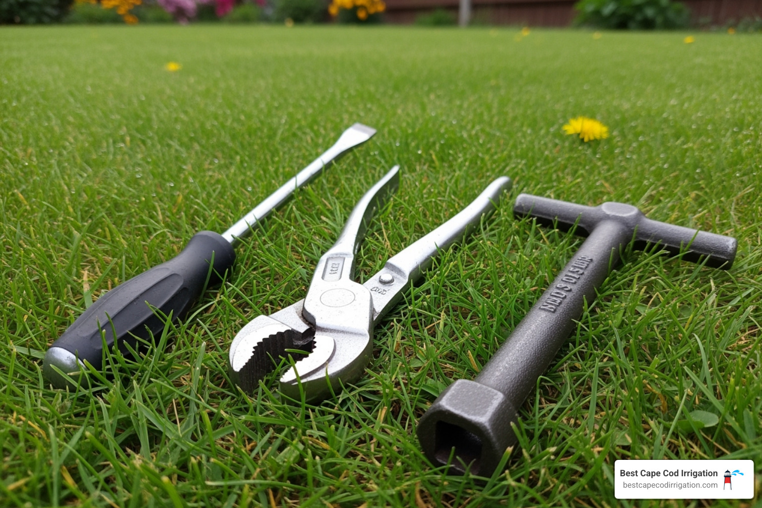 Essential tools laid out on a lawn, including a screwdriver, pliers, and a valve key - Lawn Sprinkler System Startup