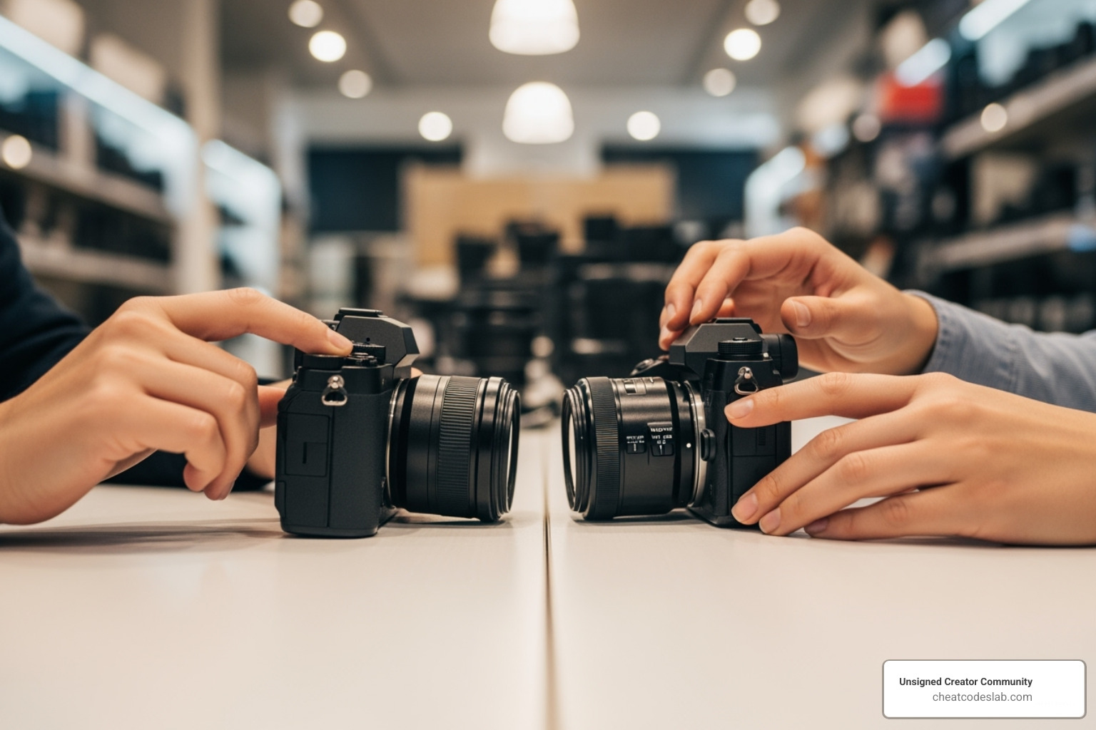 A person carefully comparing two cameras side-by-side in a store setting - best places to buy camera gear