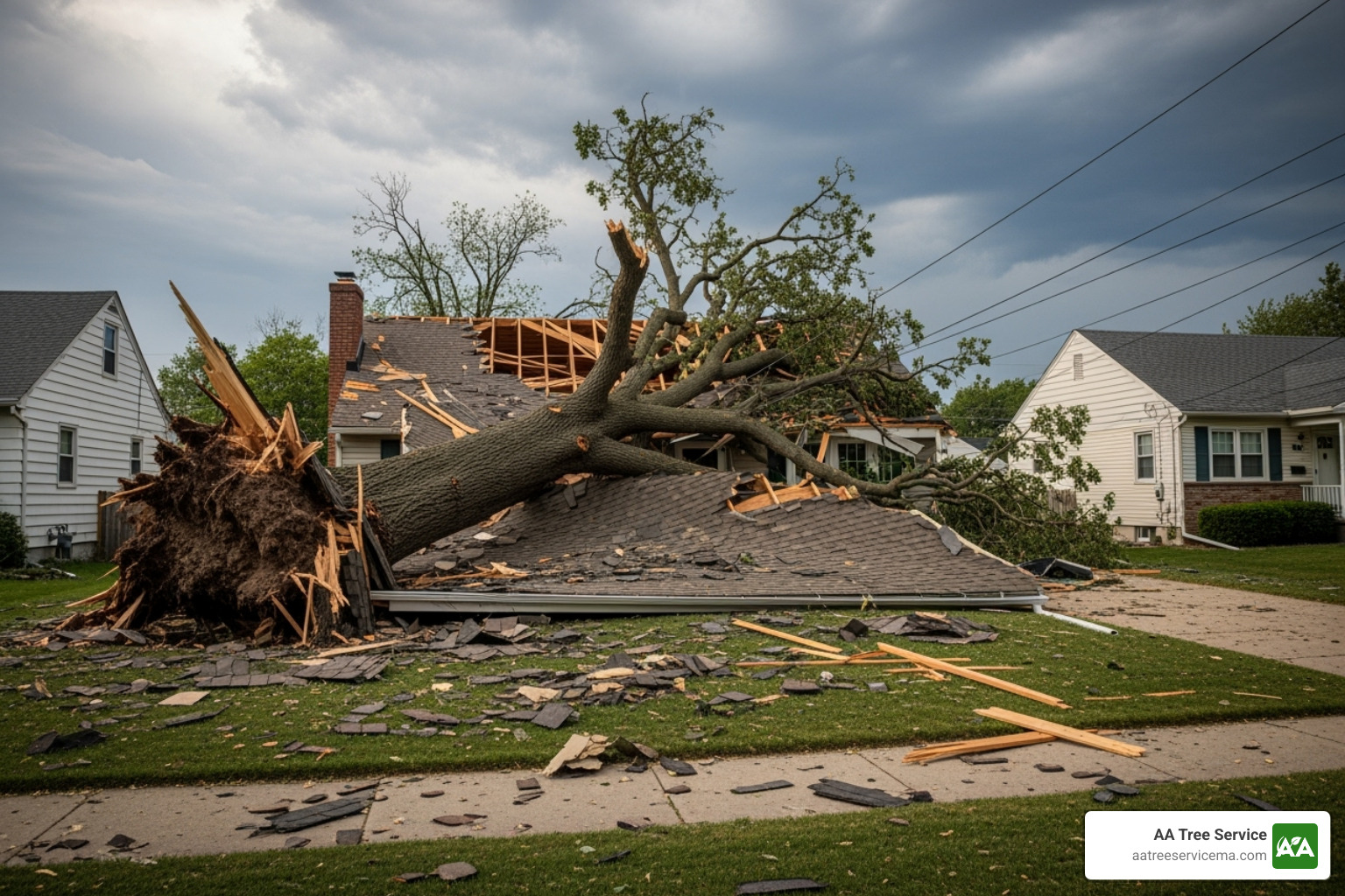 Fallen tree on a house after a storm - Tree Company Salem NH