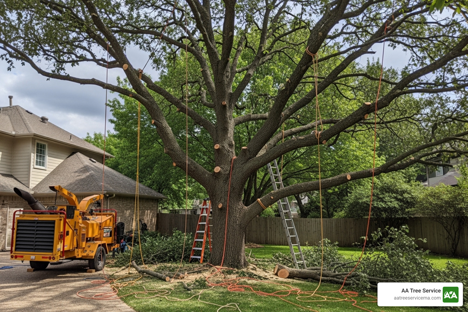 Tree crew safely pruning a large oak tree - Tree Company Salem NH