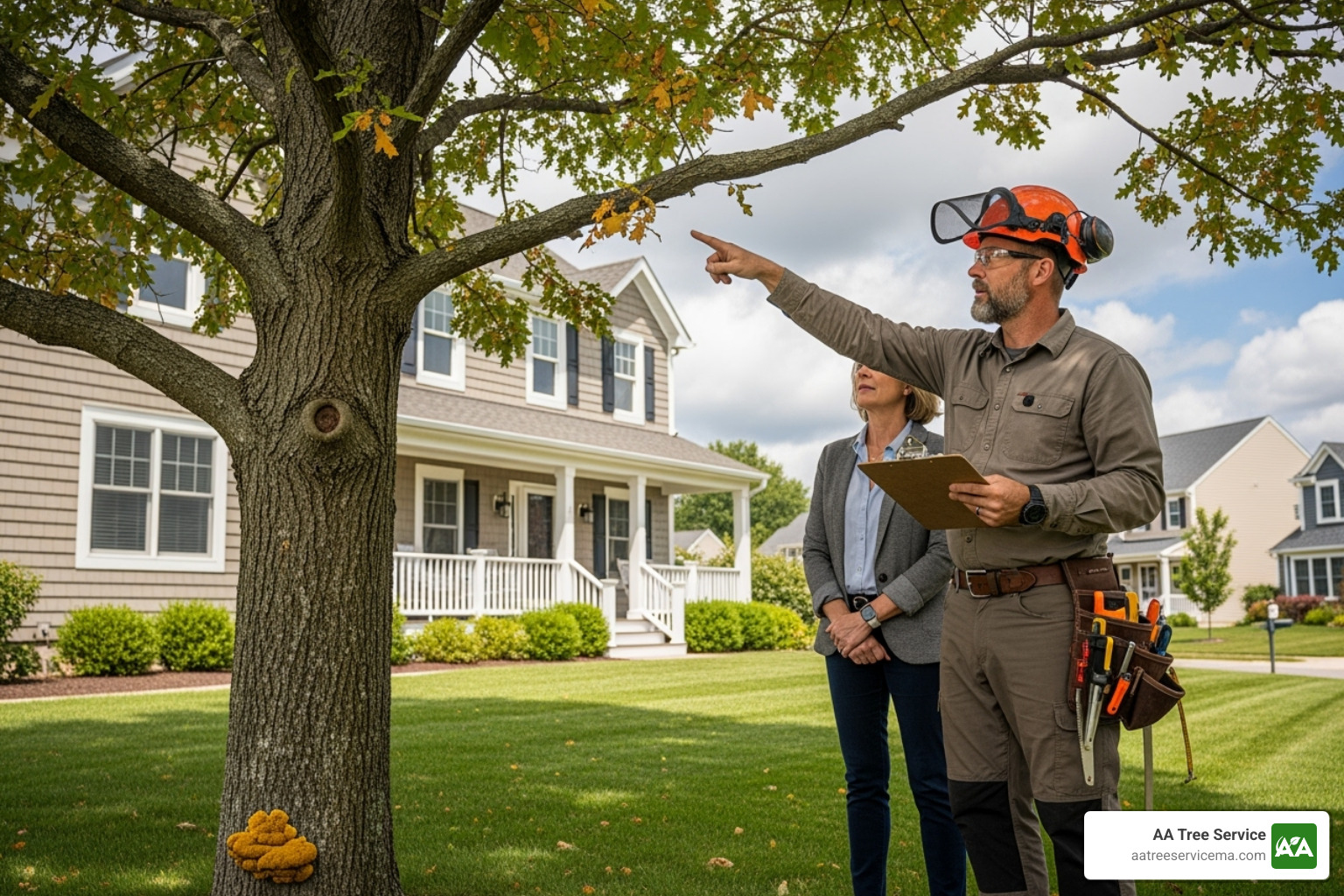 Certified arborist inspecting a tree with a client - Tree Company Salem NH
