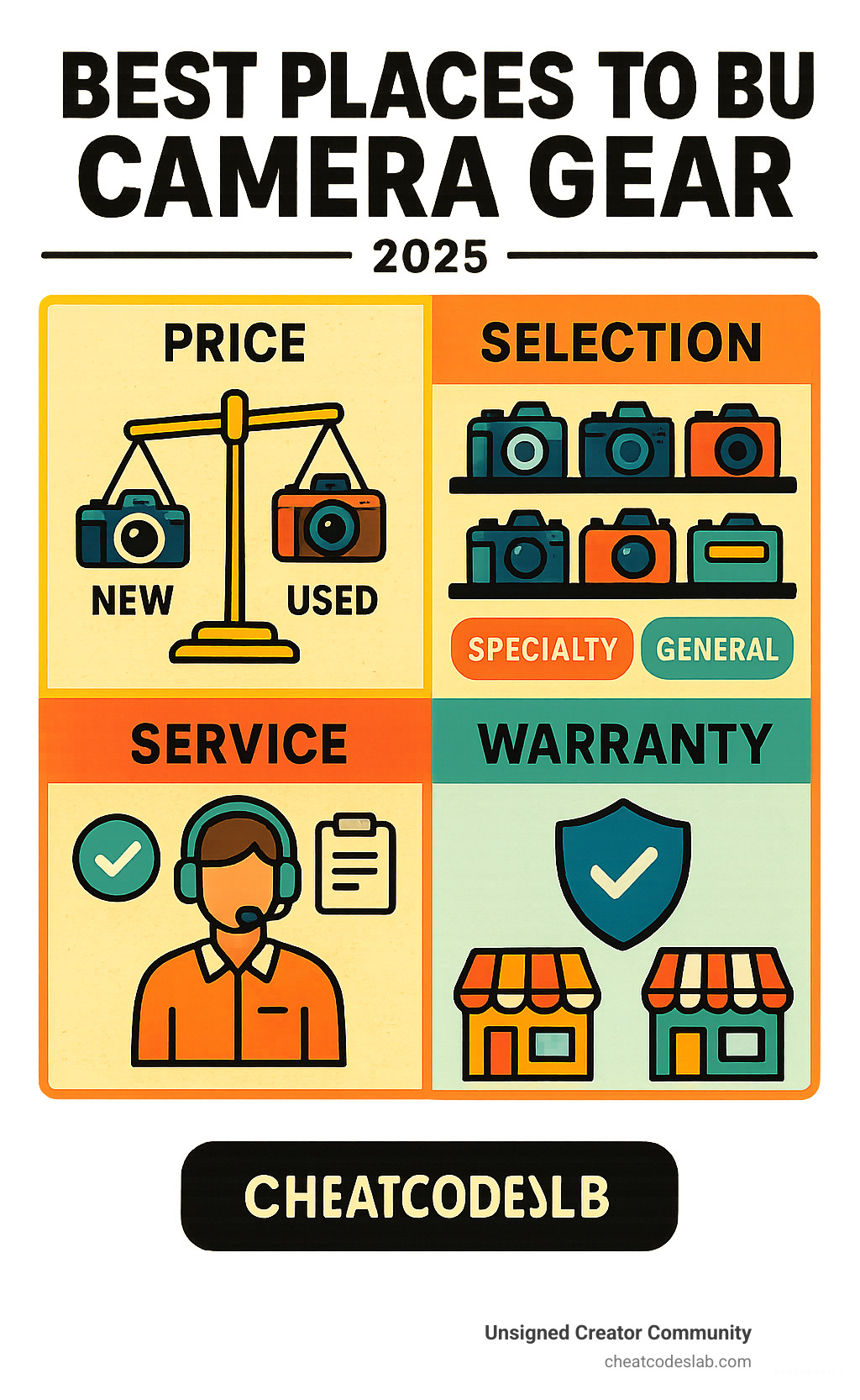 Infographic showing key factors when choosing camera gear retailers: Price comparison between new and used options, Selection depth from specialty vs general retailers, Service quality including return policies and expert support, and Warranty coverage differences across store types - best places to buy camera gear infographic 
