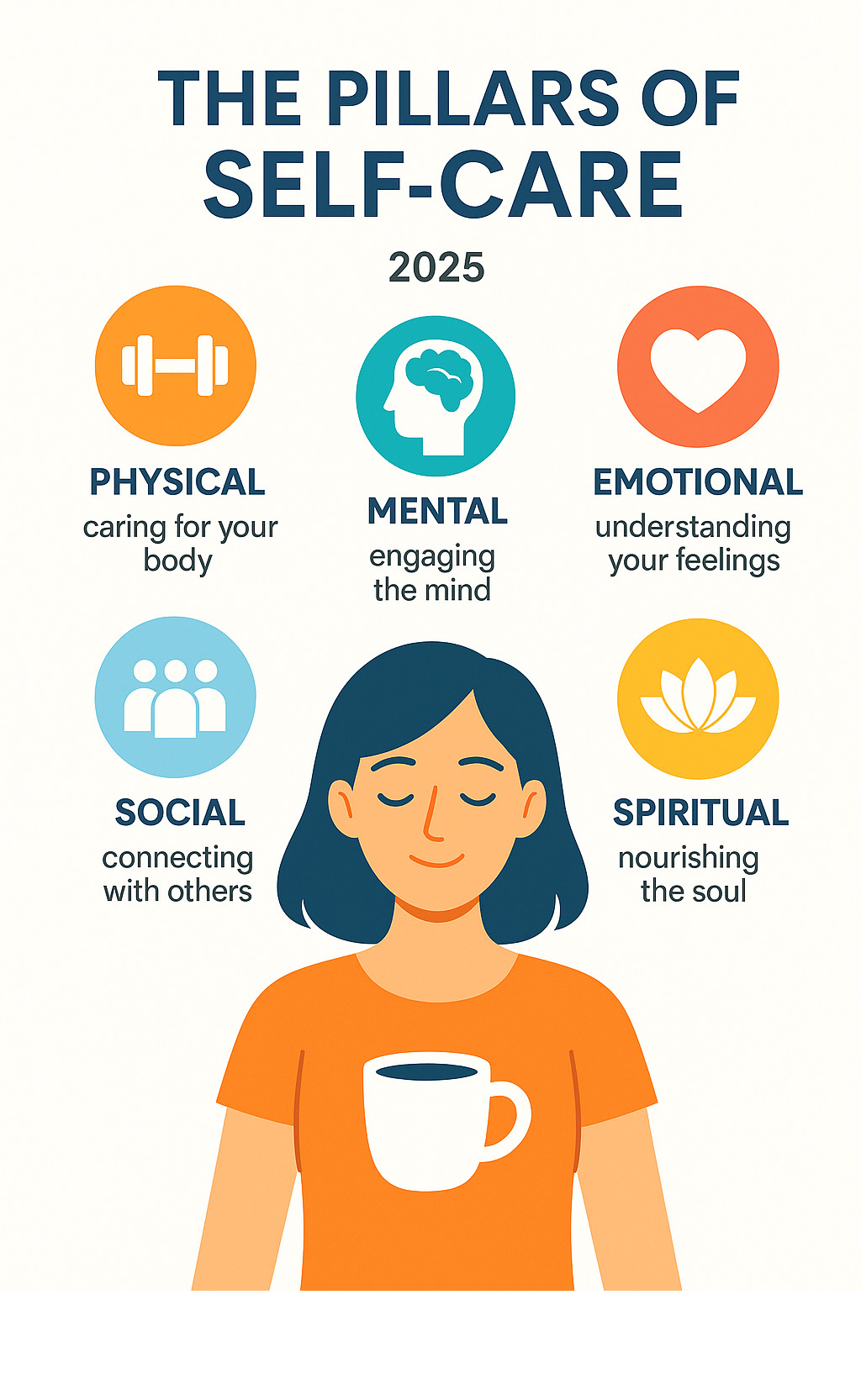 Infographic explaining the core pillars of self-care: physical, mental, emotional, social, and spiritual. - good self care infographic 