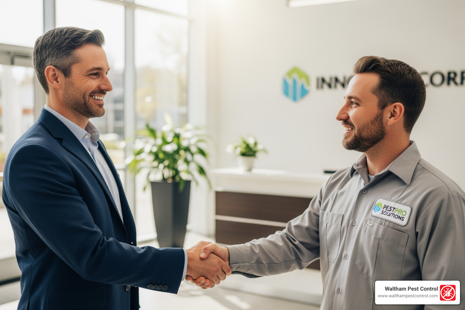 Business owner shaking hands with a trusted pest control technician - Commercial Pest Company