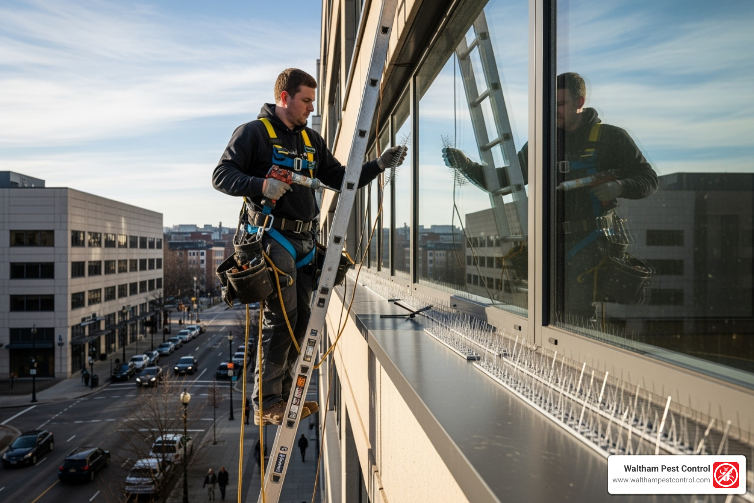 Technician installing a bird deterrent system on a commercial building - Commercial Pest Company