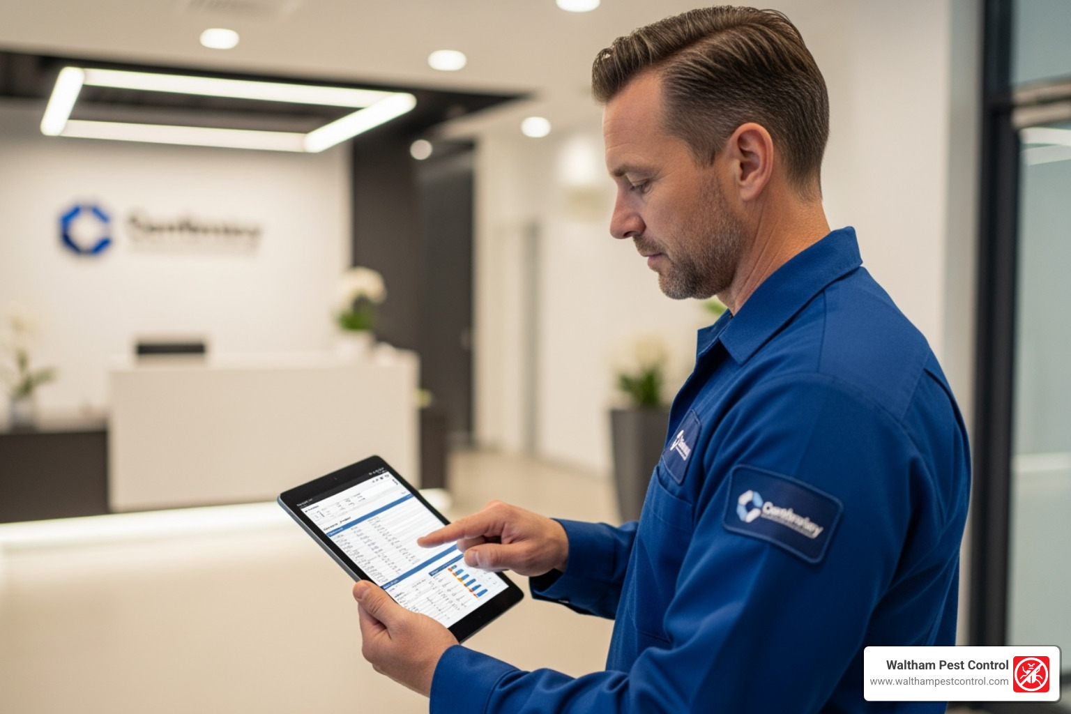 Technician using a tablet for digital reporting and monitoring - Commercial Pest Company