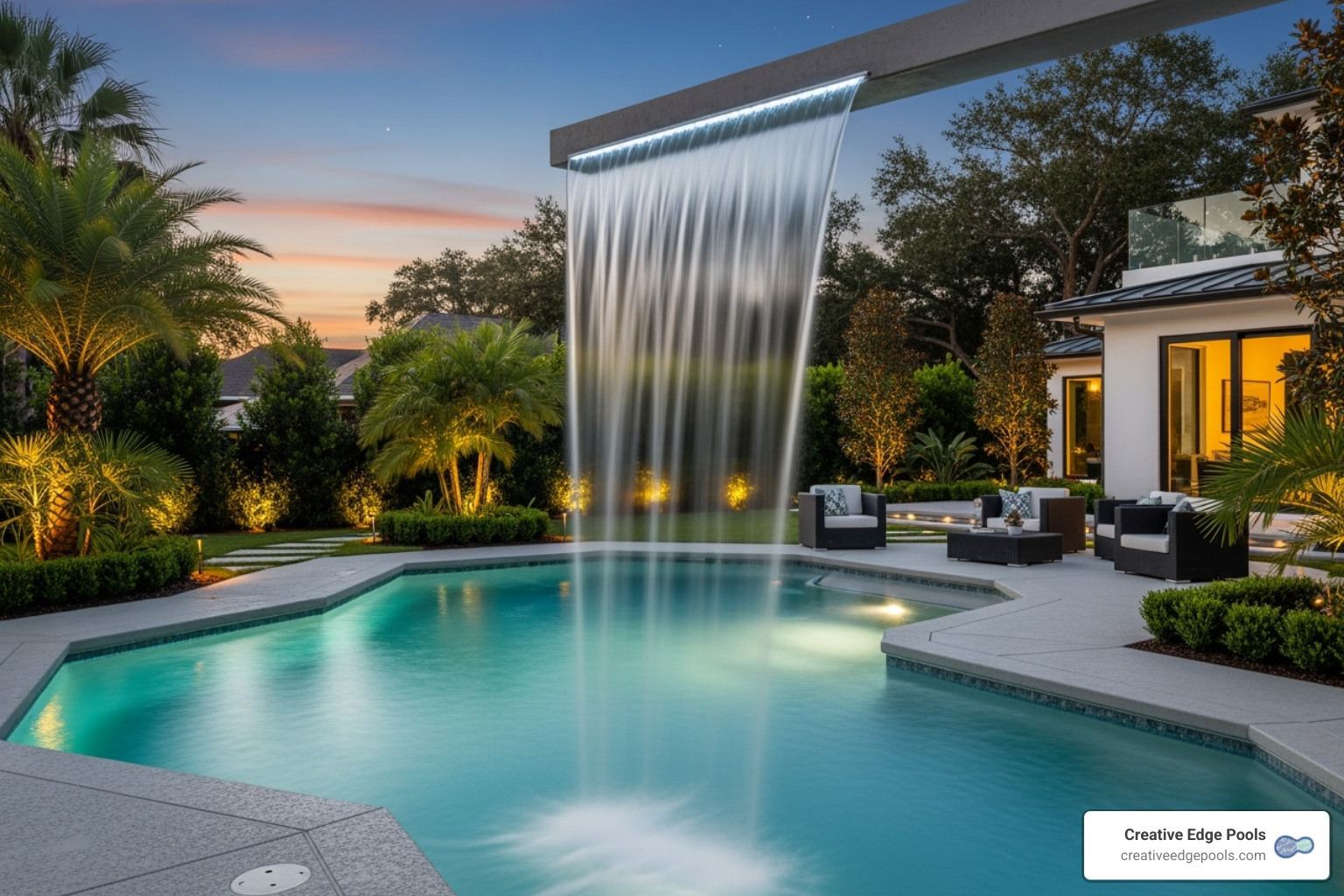 modern sheer descent waterfall - swimming pool waterfall wall