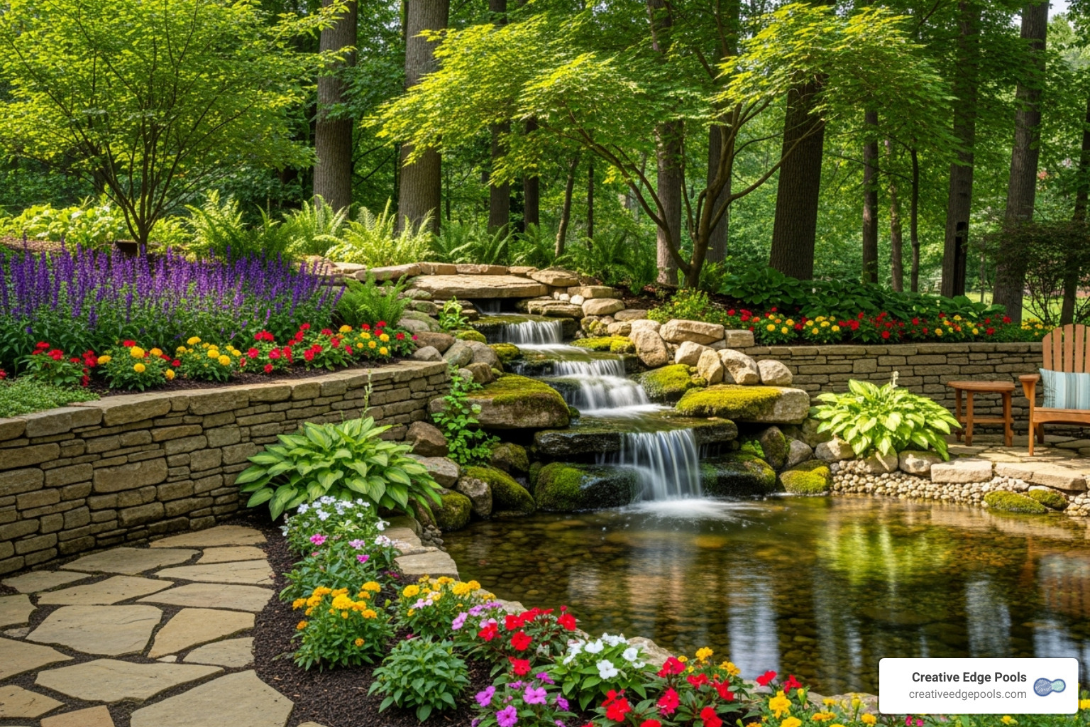 waterfall integrated into a retaining wall with lush landscaping - swimming pool waterfall wall