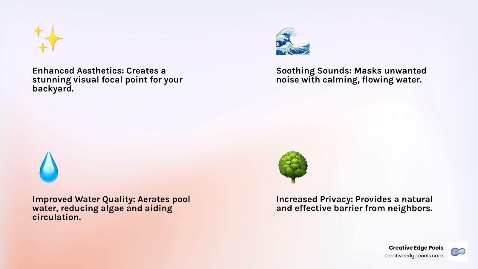 Infographic explaining the benefits of a pool waterfall wall, including improved aesthetics, sound masking, and better water quality. - swimming pool waterfall wall infographic 4_facts_emoji_light-gradient