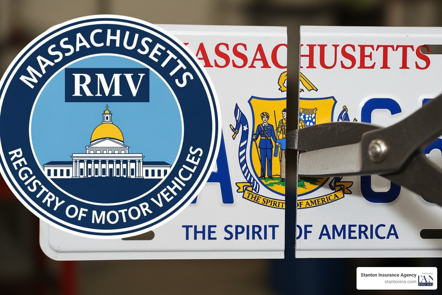 Massachusetts RMV logo beside a cut license plate illustrating plate cancellation