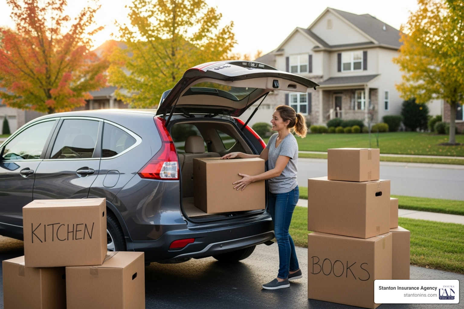 Person packing boxes beside a car, representing moving out of state