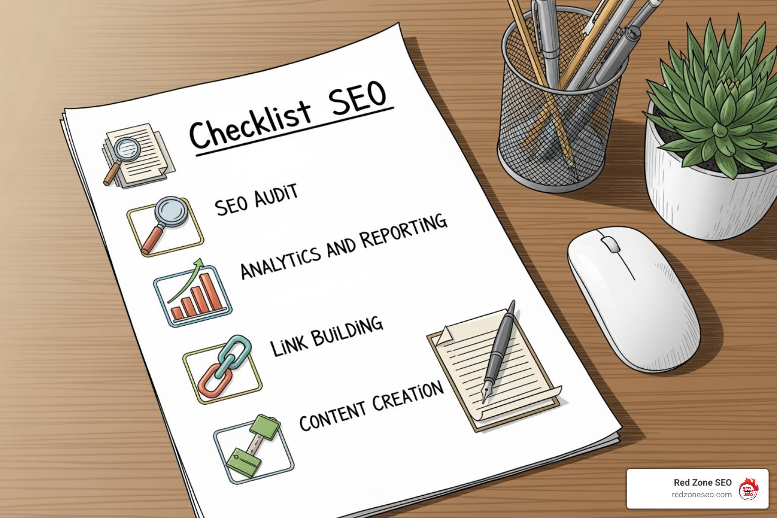 A detailed checklist illustrating the core deliverables typically included in a comprehensive SEO package, such as audits, keyword research, on-page optimization, content creation, link building, and analytics reporting - seo for website cost