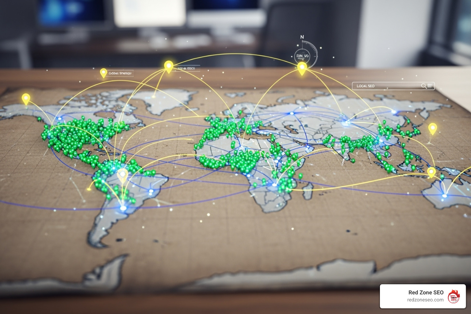 A map with pins indicating various geographic targeting levels for SEO, including local businesses, national service providers, and international e-commerce operations - seo for website cost