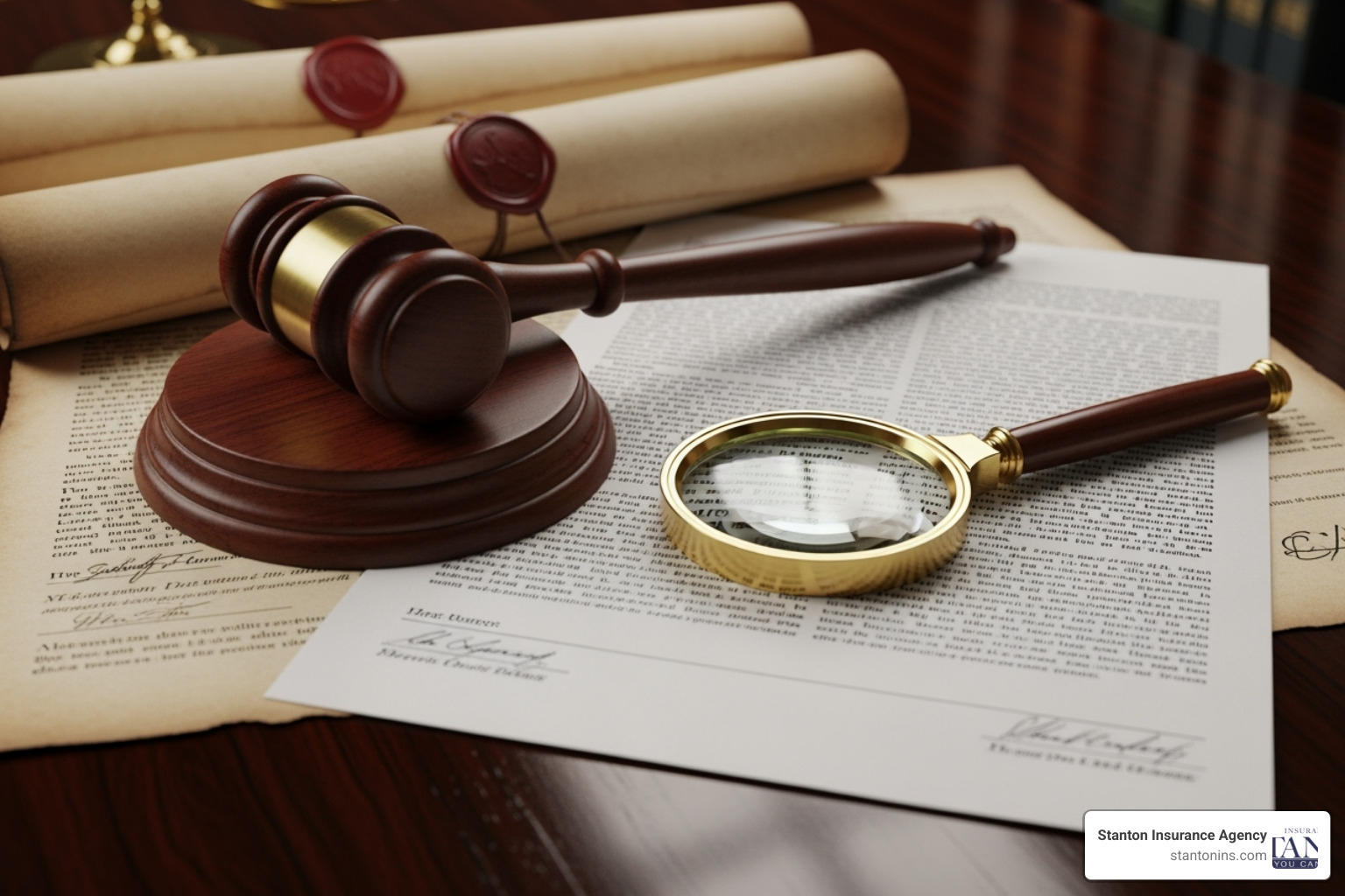 A gavel and magnifying glass over legal documents, symbolizing legal scrutiny and protection. - directors and officers liability insurance explained