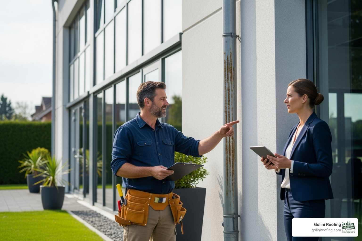contractor discussing a repair plan with a property manager on-site - commercial downspout repair services contractor discussing a repair plan with a property manager on-site - commercial downspout repair services