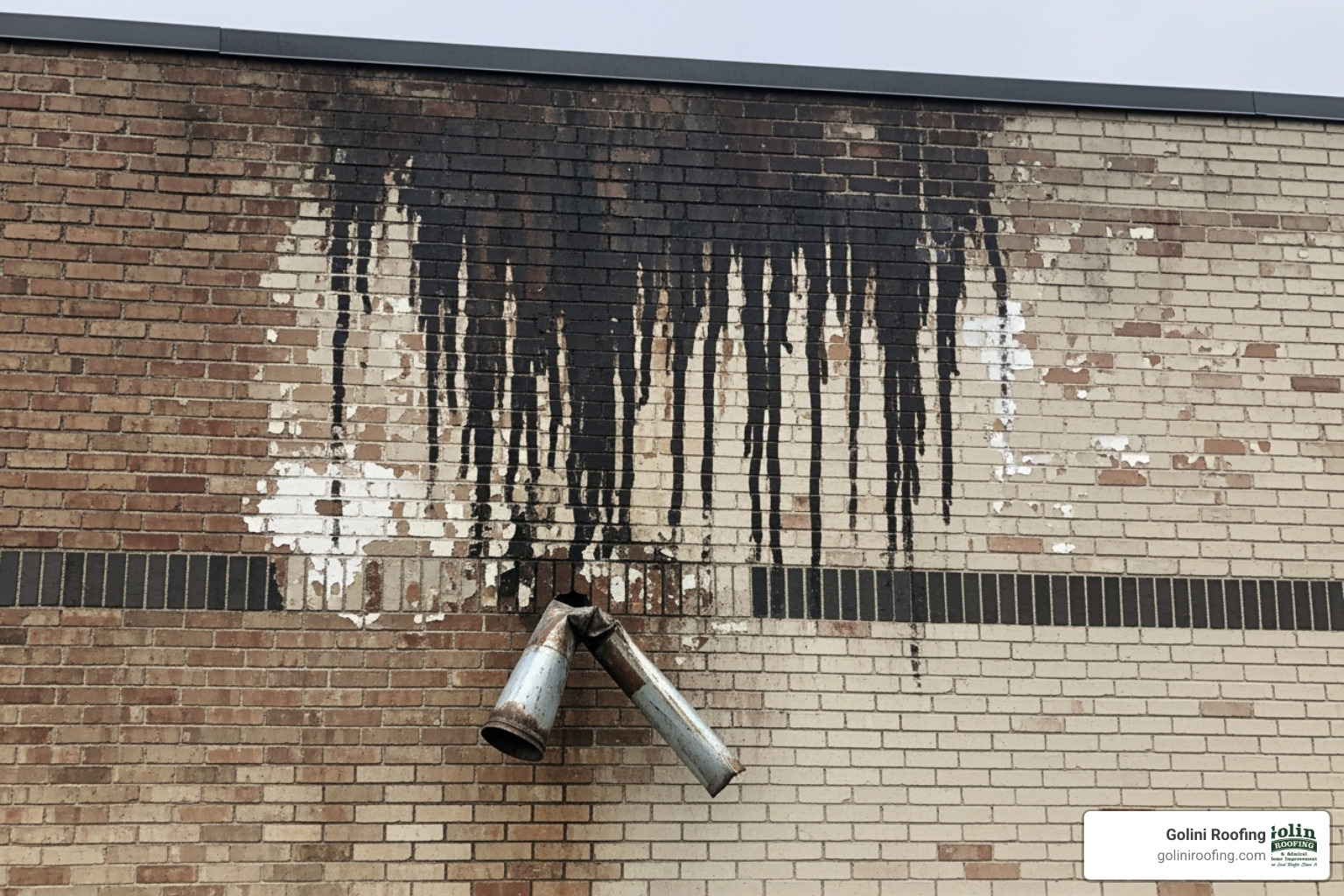 water damage on the side of a commercial building near a broken downspout - commercial downspout repair services water damage on the side of a commercial building near a broken downspout - commercial downspout repair services