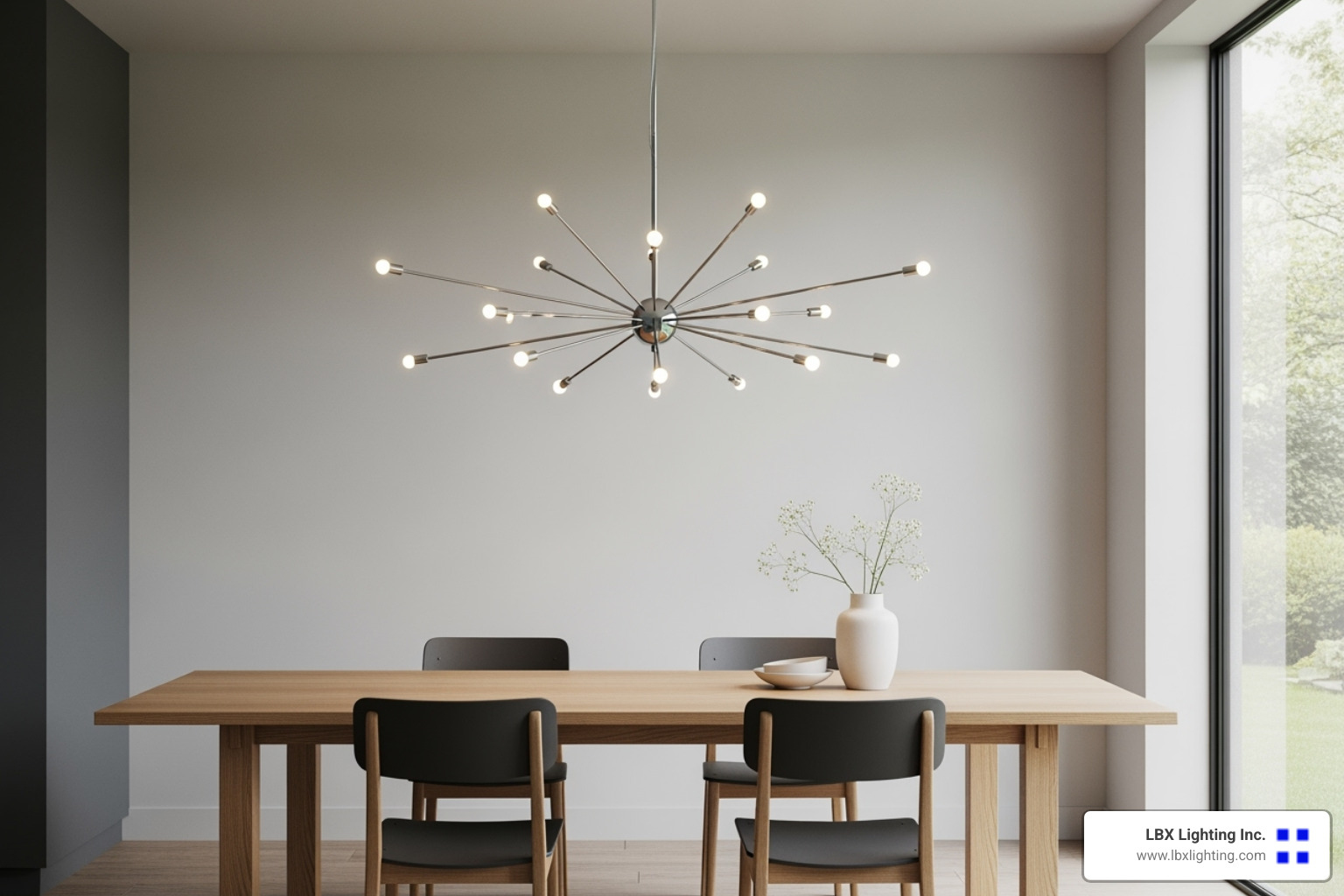 modern Sputnik-style chandelier in a minimalist dining room - statement chandelier dining room