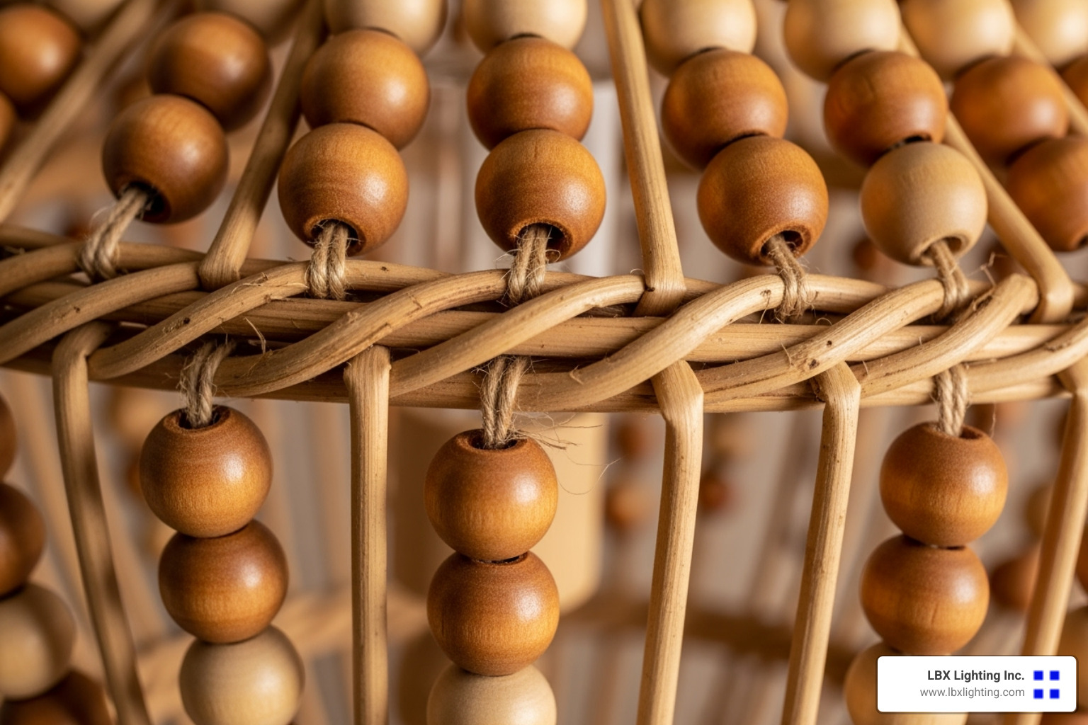 close-up showing the texture of a beaded or rattan chandelier - statement chandelier dining room