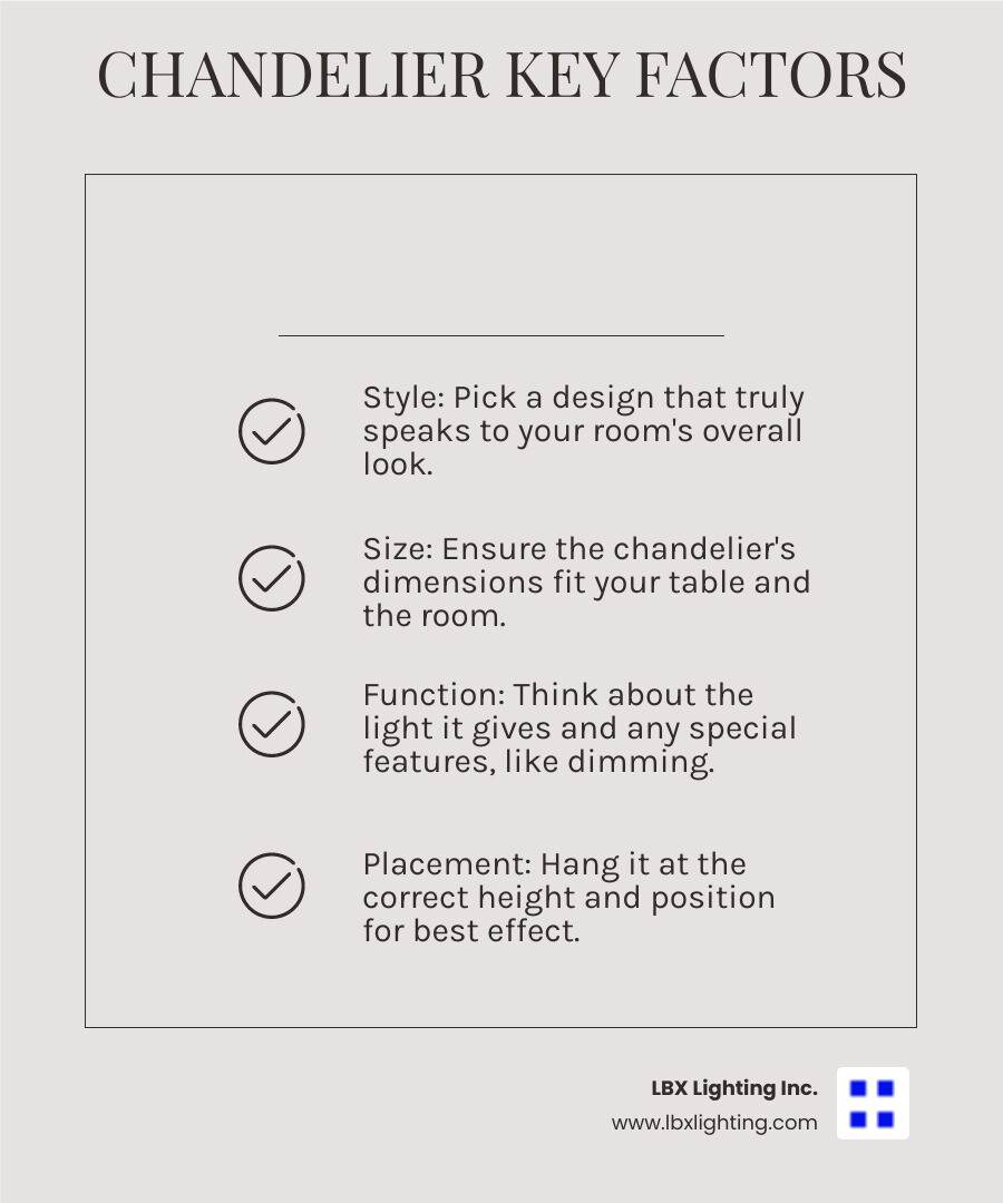 Infographic detailing the four key factors for choosing a statement chandelier: Style, Size, Function, and Placement - statement chandelier dining room infographic checklist-light-beige