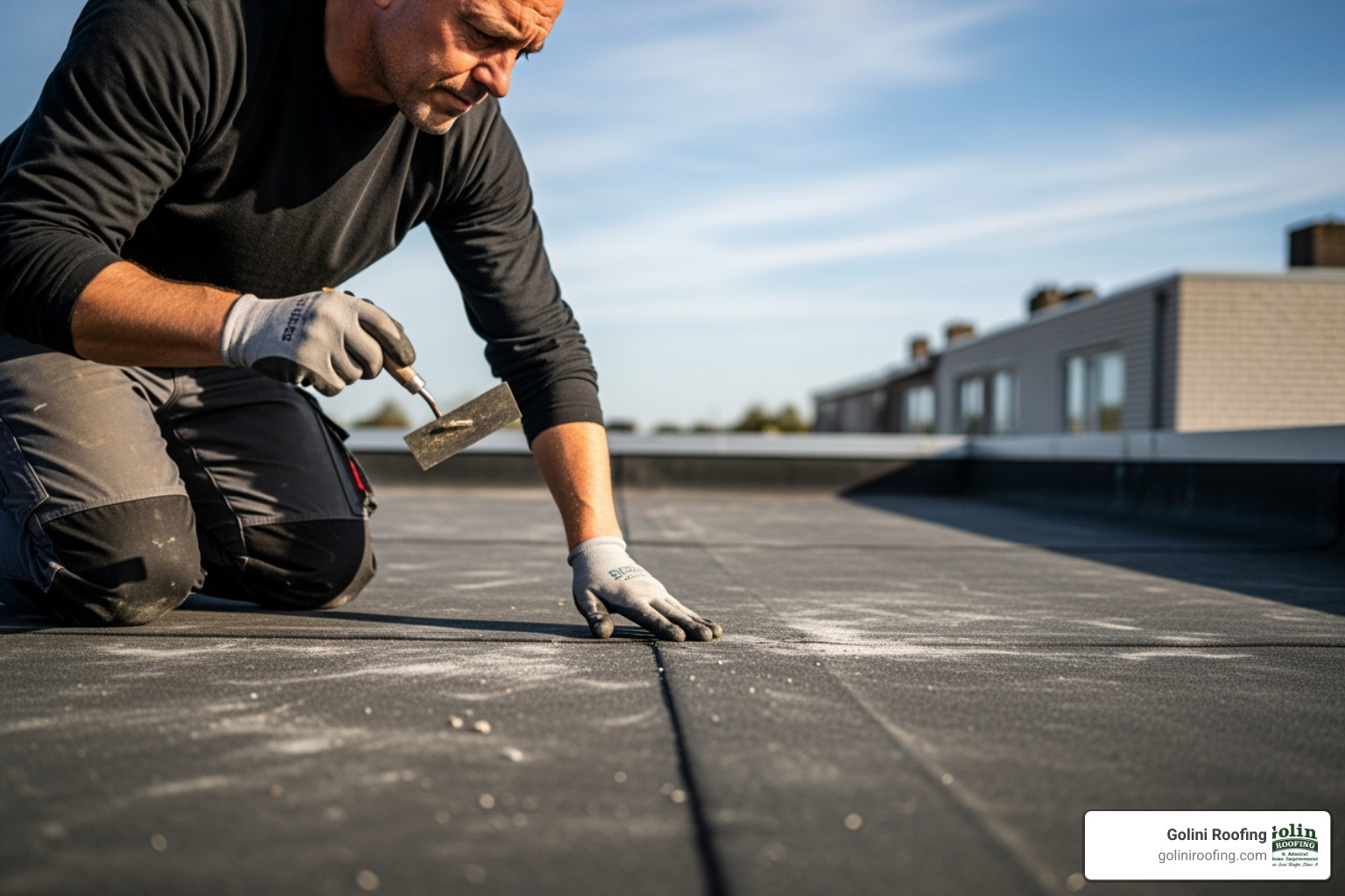 person inspecting flat roof - flat roofing repair person inspecting flat roof - flat roofing repair