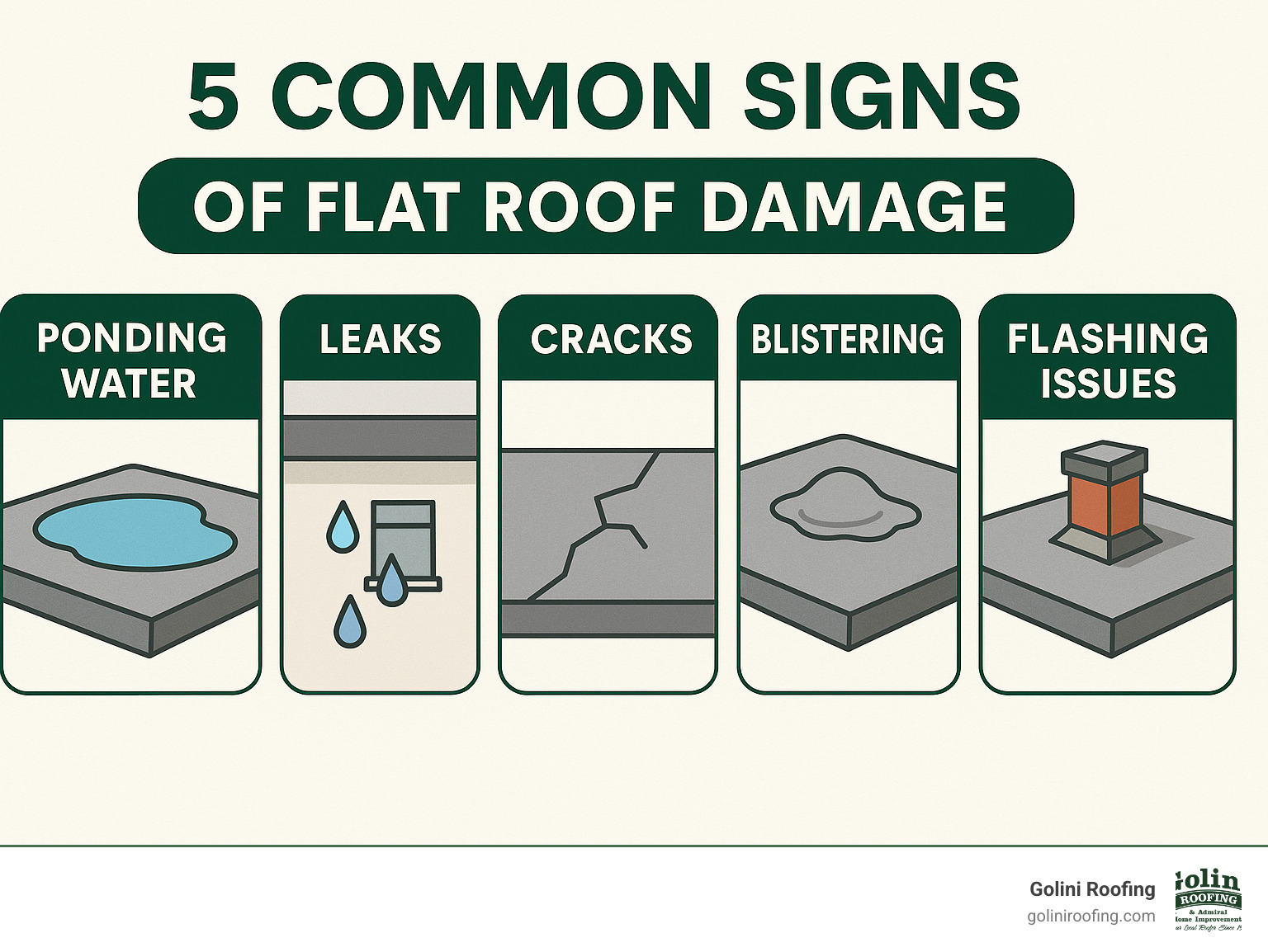 Infographic showing 5 common signs of flat roof damage including ponding water, leaks, cracks, blistering, and flashing issues - flat roofing repair infographic Infographic showing 5 common signs of flat roof damage including ponding water, leaks, cracks, blistering, and flashing issues - flat roofing repair infographic