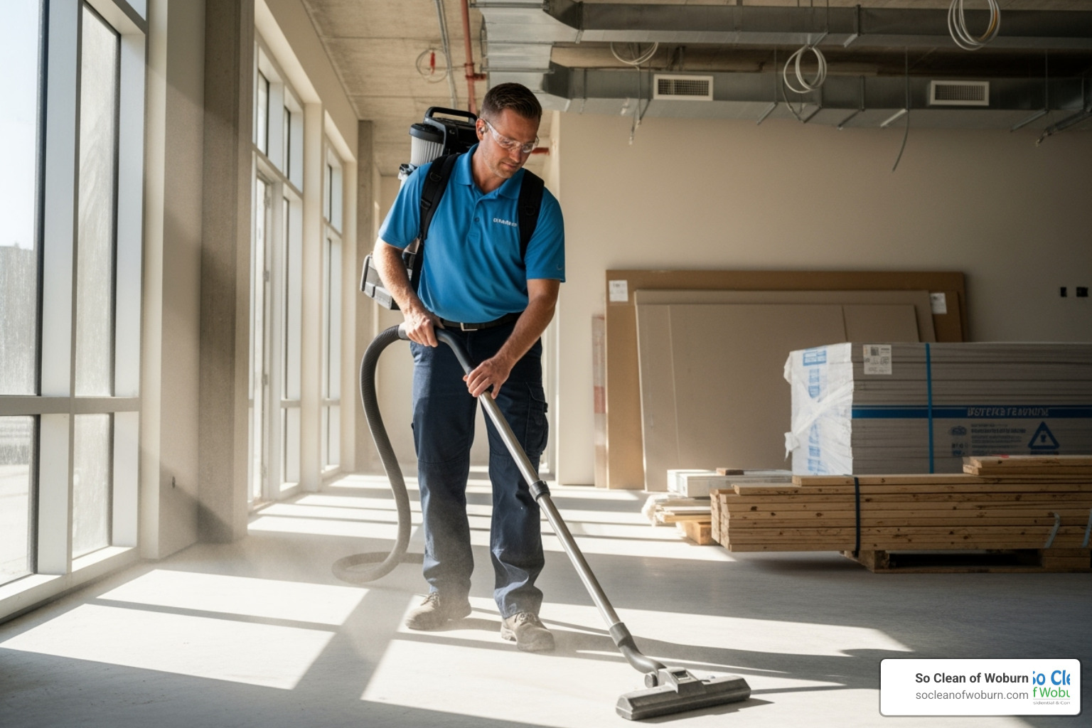 A professional using a HEPA-filter backpack vacuum, demonstrating specialized equipment for thorough dust removal. - new construction cleaning rates
