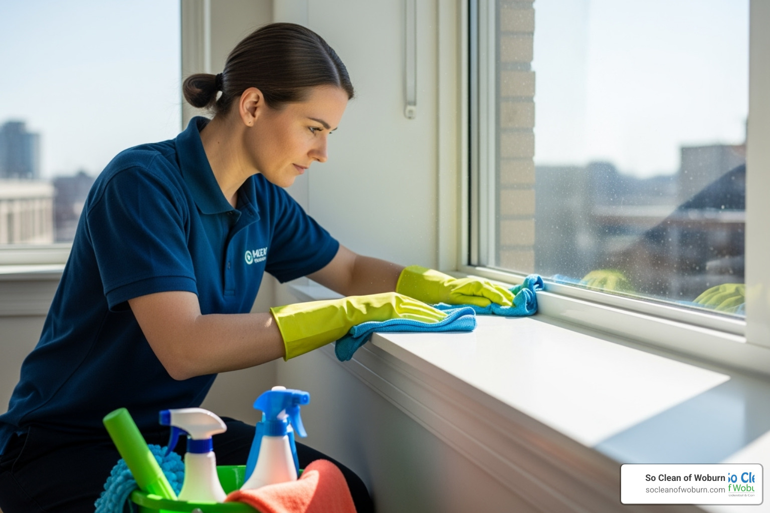 A professional cleaner carefully wiping down a window sill, demonstrating attention to detail. - new construction cleaning rates