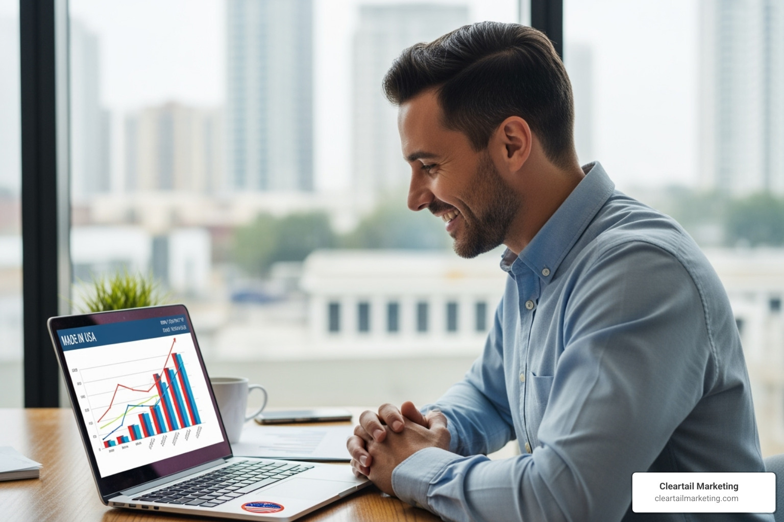 small business owner looking at positive growth charts on a laptop - top digital agencies in usa