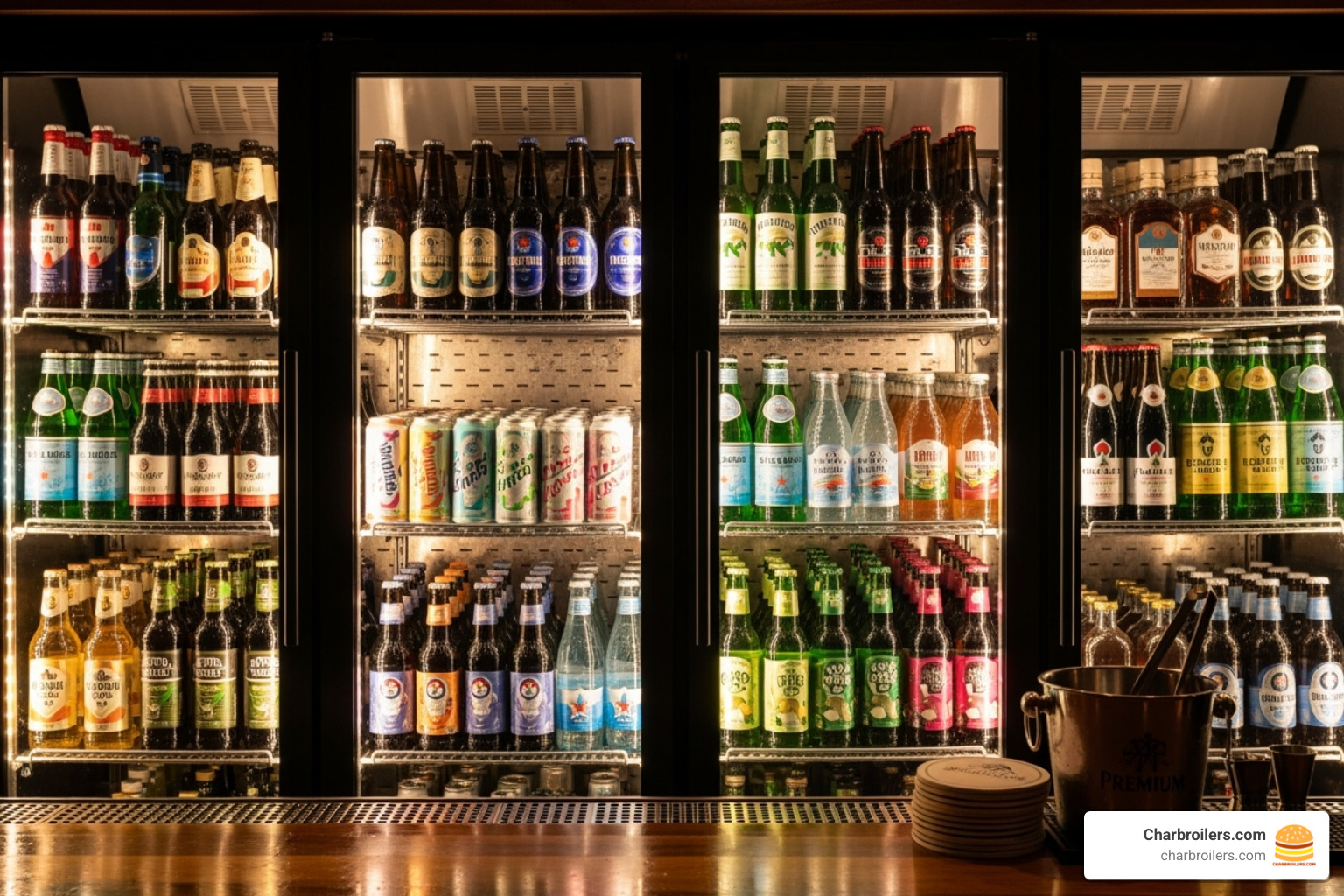 Stylish back bar cooler setup with various beverages displayed. - commercial beverage cooler Stylish back bar cooler setup with various beverages displayed. - commercial beverage cooler
