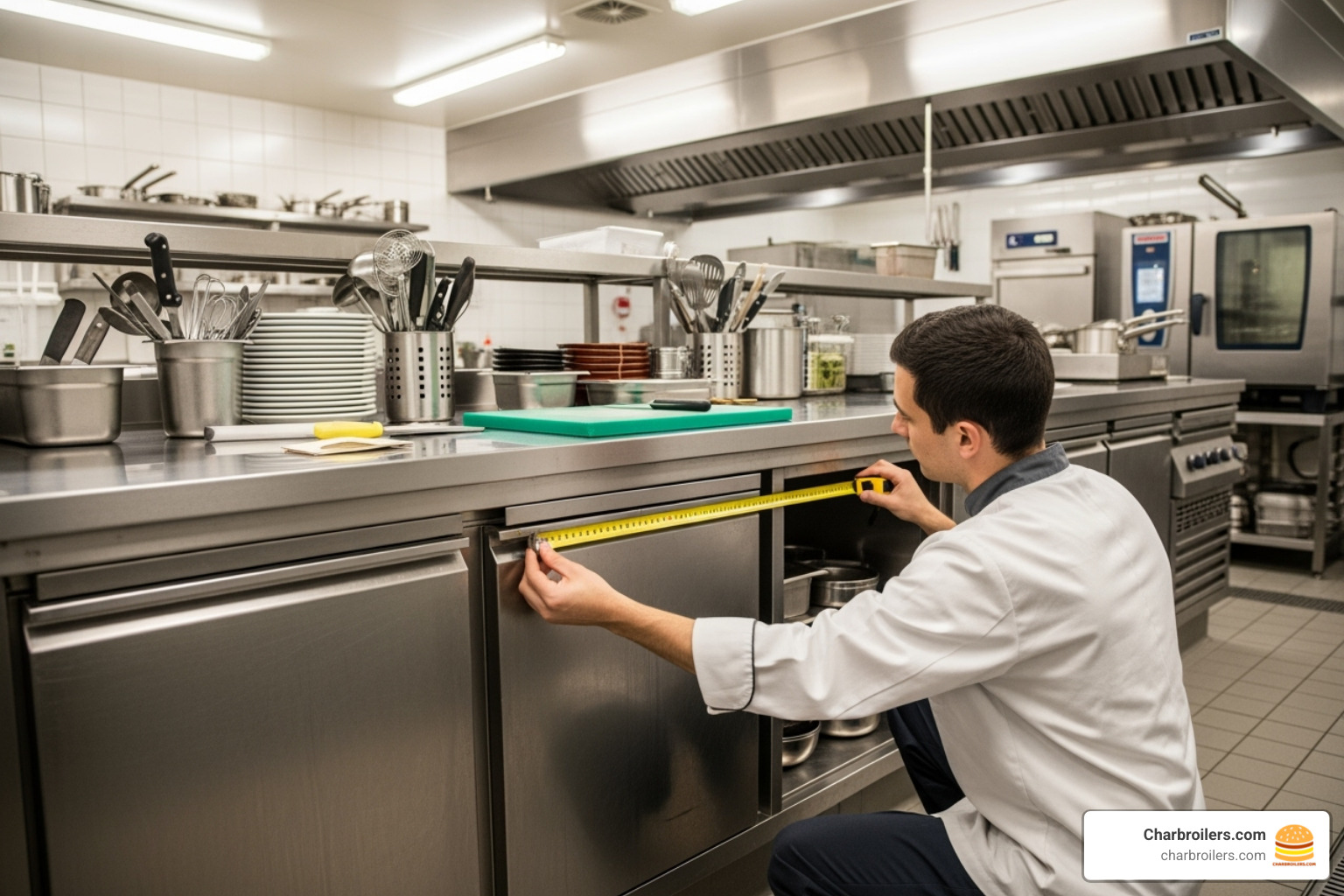 Person measuring the space in a commercial kitchen for a new undercounter cooler. - commercial beverage cooler Person measuring the space in a commercial kitchen for a new undercounter cooler. - commercial beverage cooler