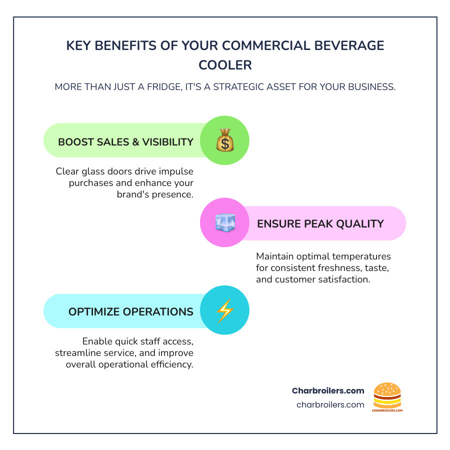 Detailed infographic showing the key benefits of a commercial beverage cooler, including increased impulse purchases, consistent product quality, improved brand visibility, and operational efficiency. - commercial beverage cooler infographic infographic-line-3-steps-colors Detailed infographic showing the key benefits of a commercial beverage cooler, including increased impulse purchases, consistent product quality, improved brand visibility, and operational efficiency. - commercial beverage cooler infographic infographic-line-3-steps-colors